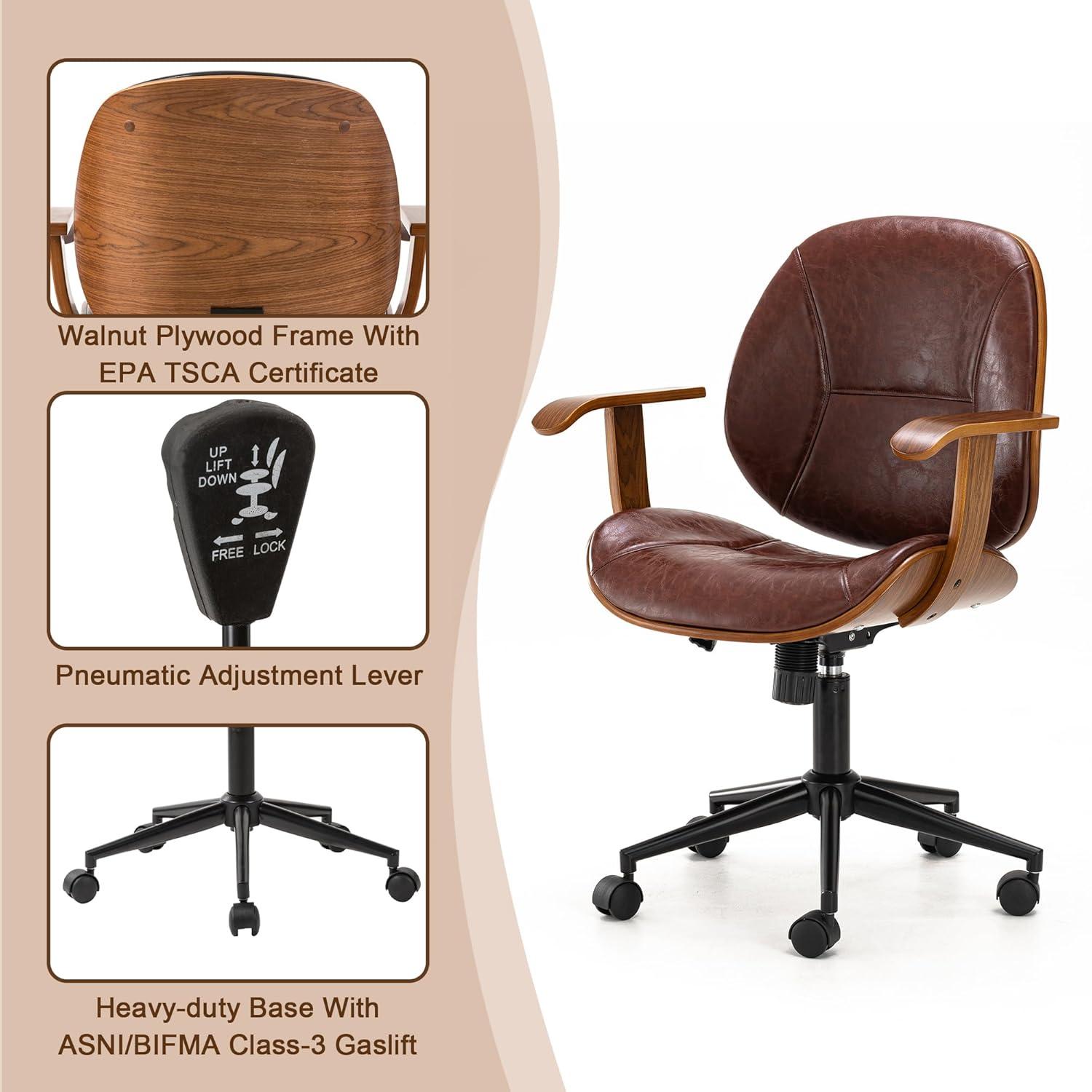 Glitzhome Leather Home Office Chair with Arm, Mid-Back Adjustable Executive Swivel Desk Task Chair,Beige