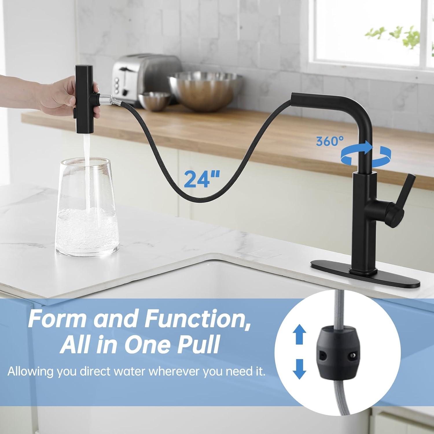 Kitchen Faucets With Pull Down Sprayer Matte Black Waterfall Rv Kitchen Sink Faucet With Sprayer 3-Mode Commercial High Arc Single Hole Or 3 Hole Stainless Steel Laundry Faucet With 360° Swivel