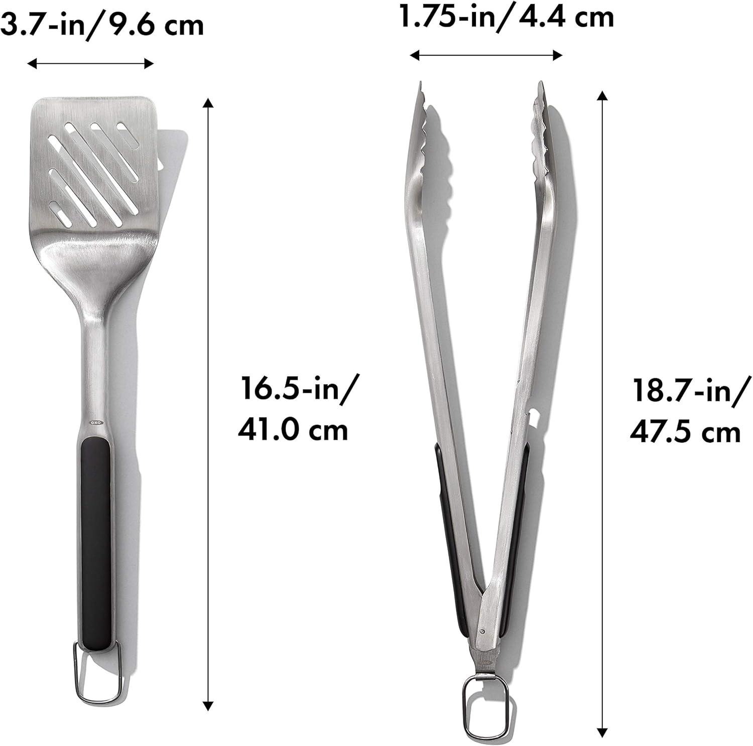 Stainless Steel Grilling Tongs and Turner Set with Black Handles