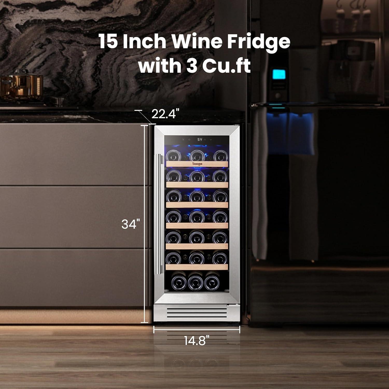 Yeego 15" Wine Cooler Refrigerator,33 Bottle Single Zone Wine Fridge with Stainless Steel Tempered Glass Door,Freestanding and Built-in