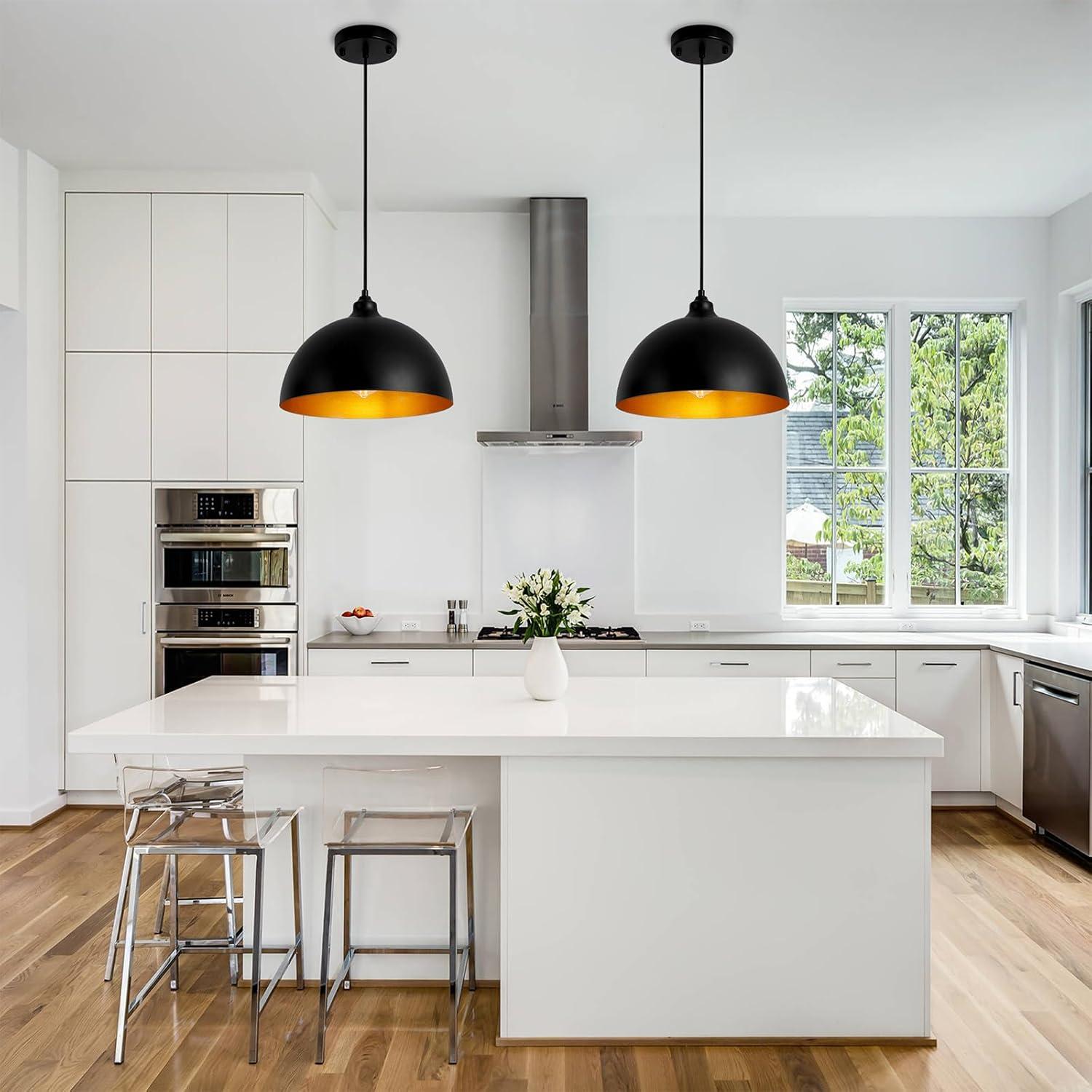 2-Pack Black Pendant Lights, 11.81'' Modern Pendant Lights Kitchen Island, Dome Large Pendant Light for Dining Room Foyer Bedroom Entryway Hallway Light Fixtures