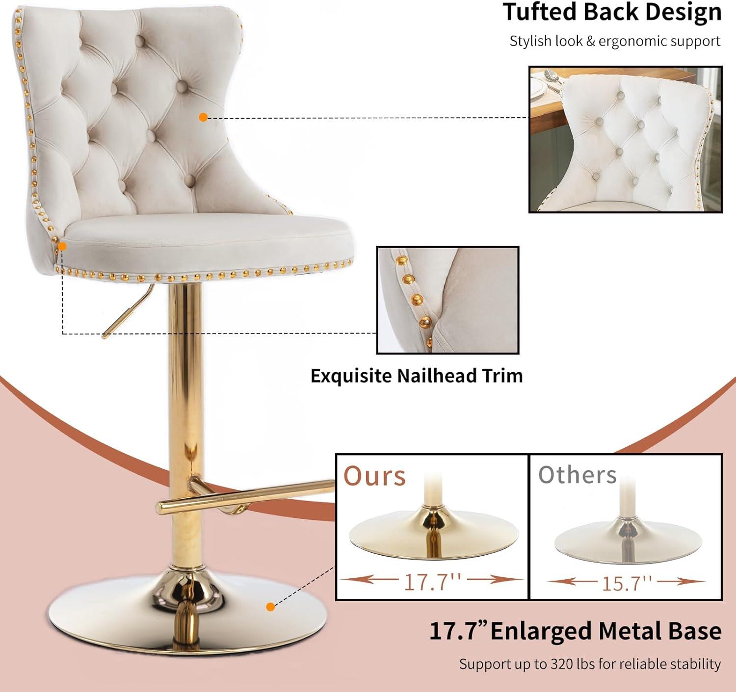 Swivel Counter Height Bar Stools Set of 2, Cream Kitchen Island Barstools, Velvet Adjustable Bar Height Stool Chairs, Tufted Back, Gold Metal Base, Sillas para Barra de Cocina (Beige, Velvet, 2 Pcs)