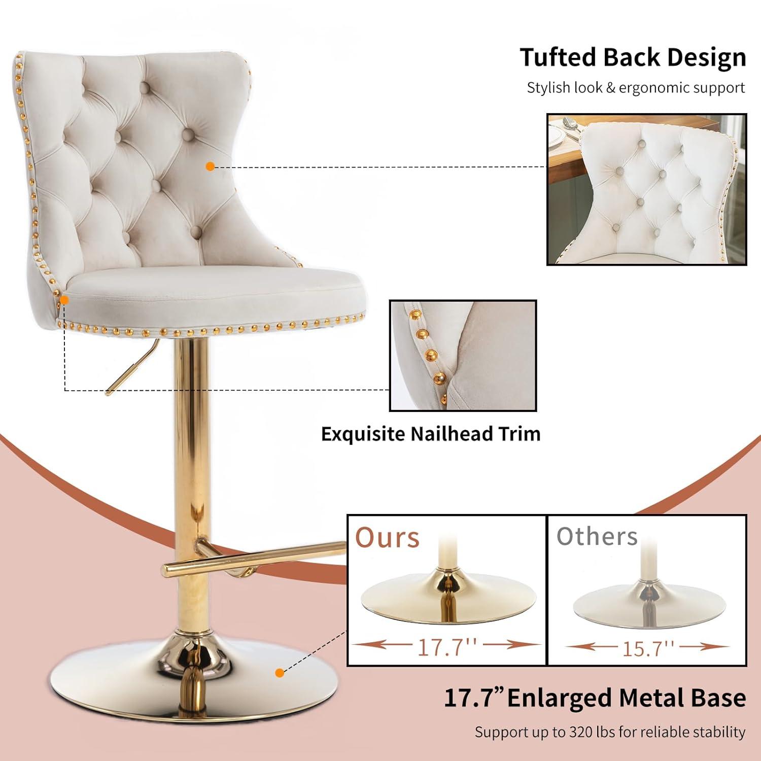 Swivel Counter Height Bar Stools Set of 2, Cream Kitchen Island Barstools, Velvet Adjustable Bar Height Stool Chairs, Tufted Back, Gold Metal Base, Sillas para Barra de Cocina (Beige, Velvet, 2 Pcs)