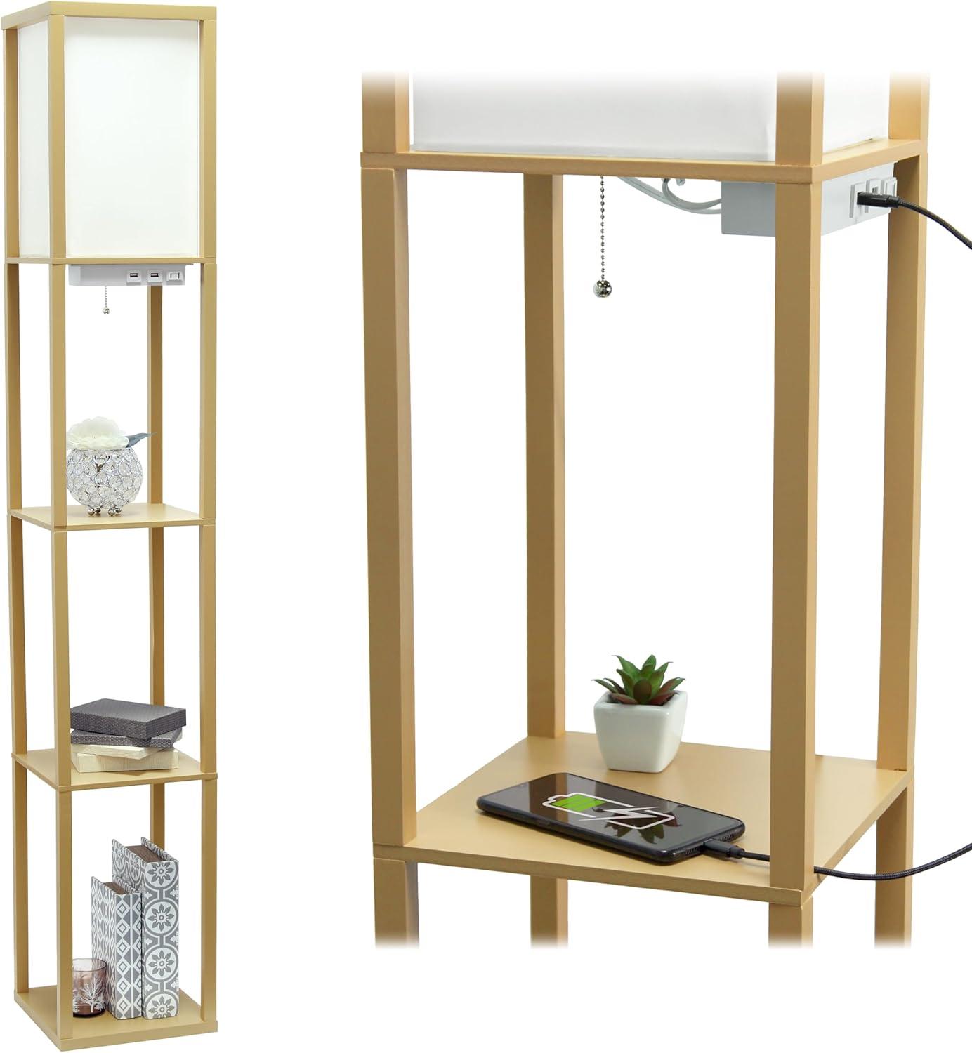 Floor Lamp Etagere Organizer Storage Shelf with 2 USB Charging Ports and Linen Shade - Simple Designs