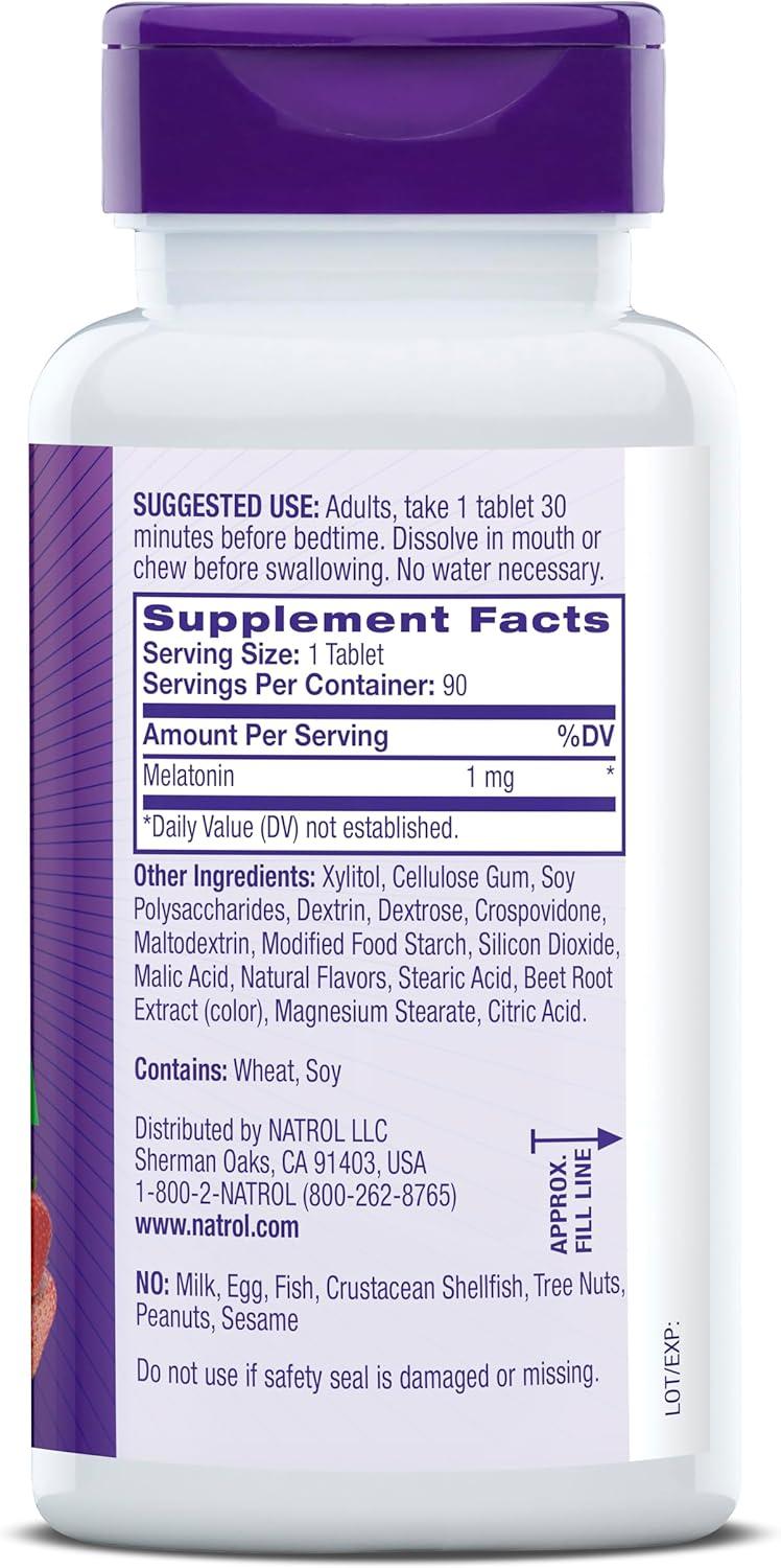 Natrol Fast Dissolve Melatonin 1 mg, Melatonin Supplements for Restful Sleep, Sleep Support for Adults, 90 Strawberry-Flavored Tablets, Up to a 90 Day Supply