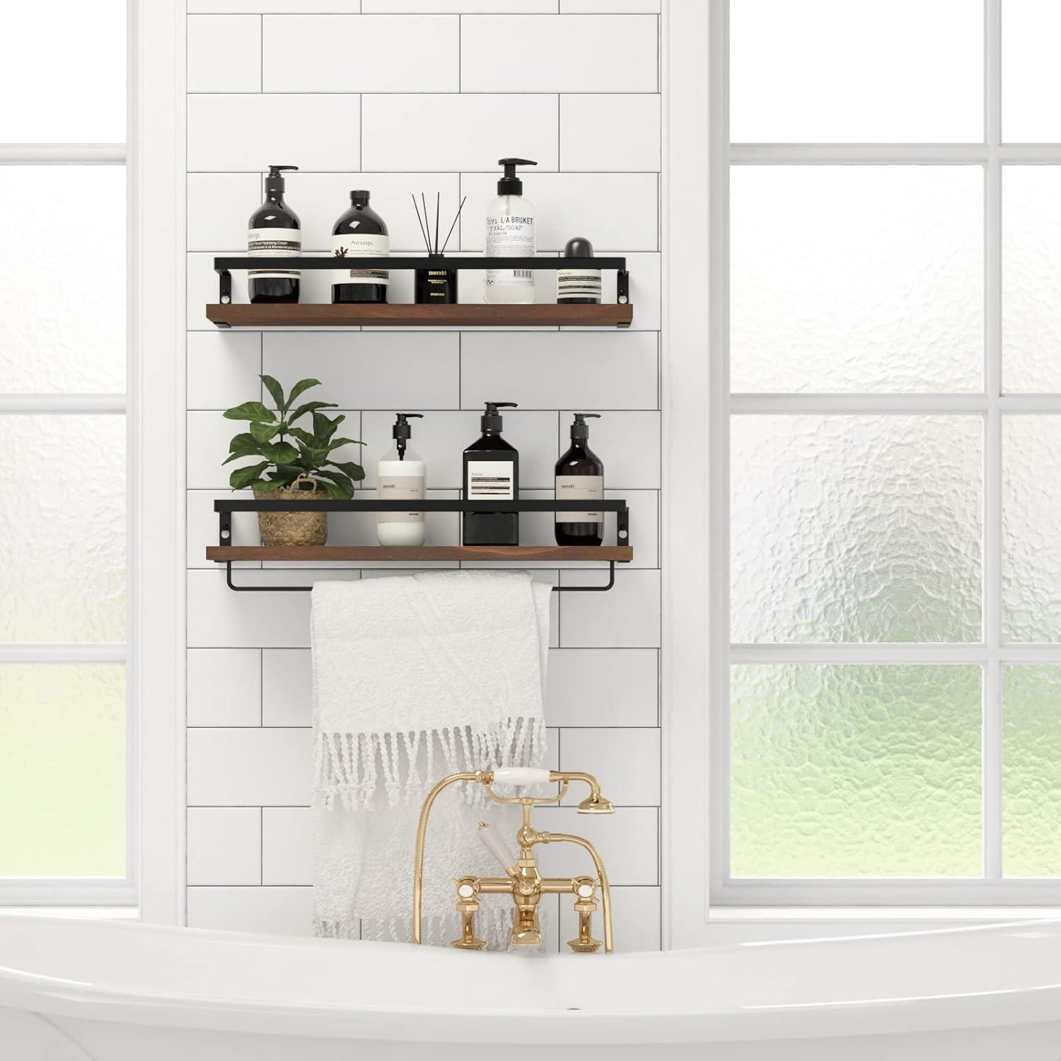 Brown Wood Floating Wall Shelves with Towel Rack