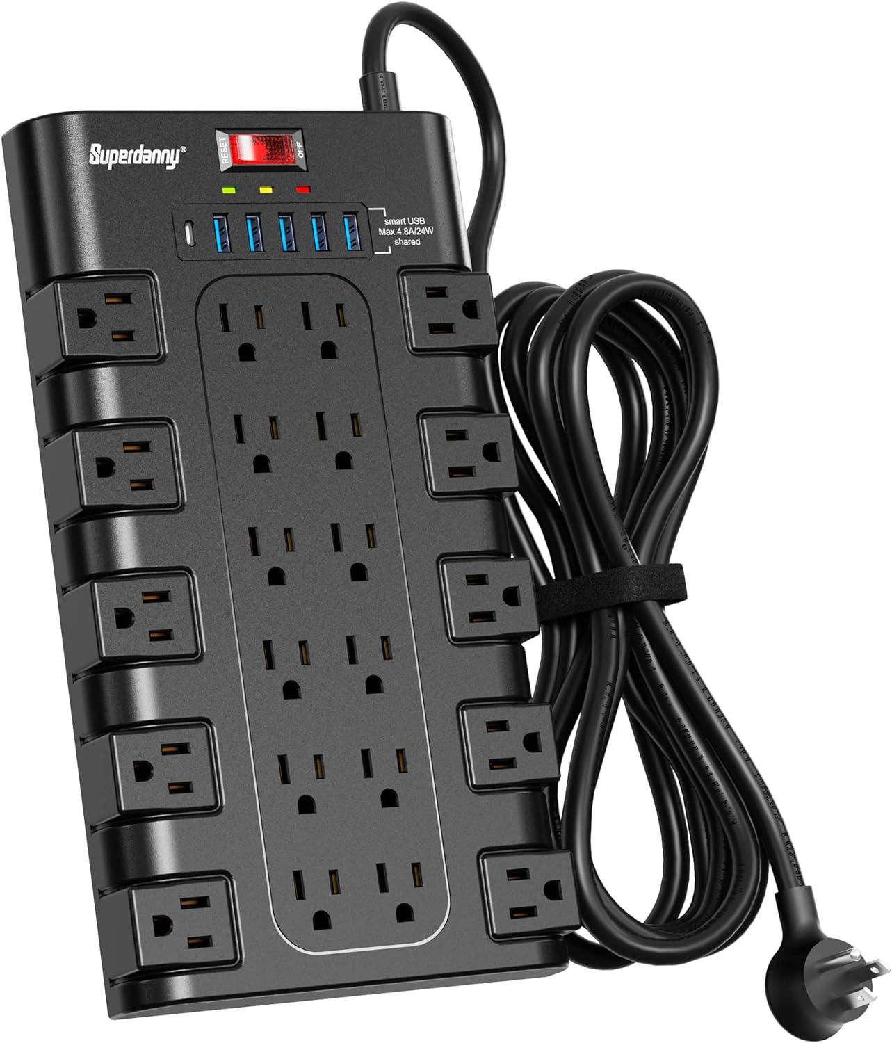 Black 28-Outlet Power Strip with USB Ports