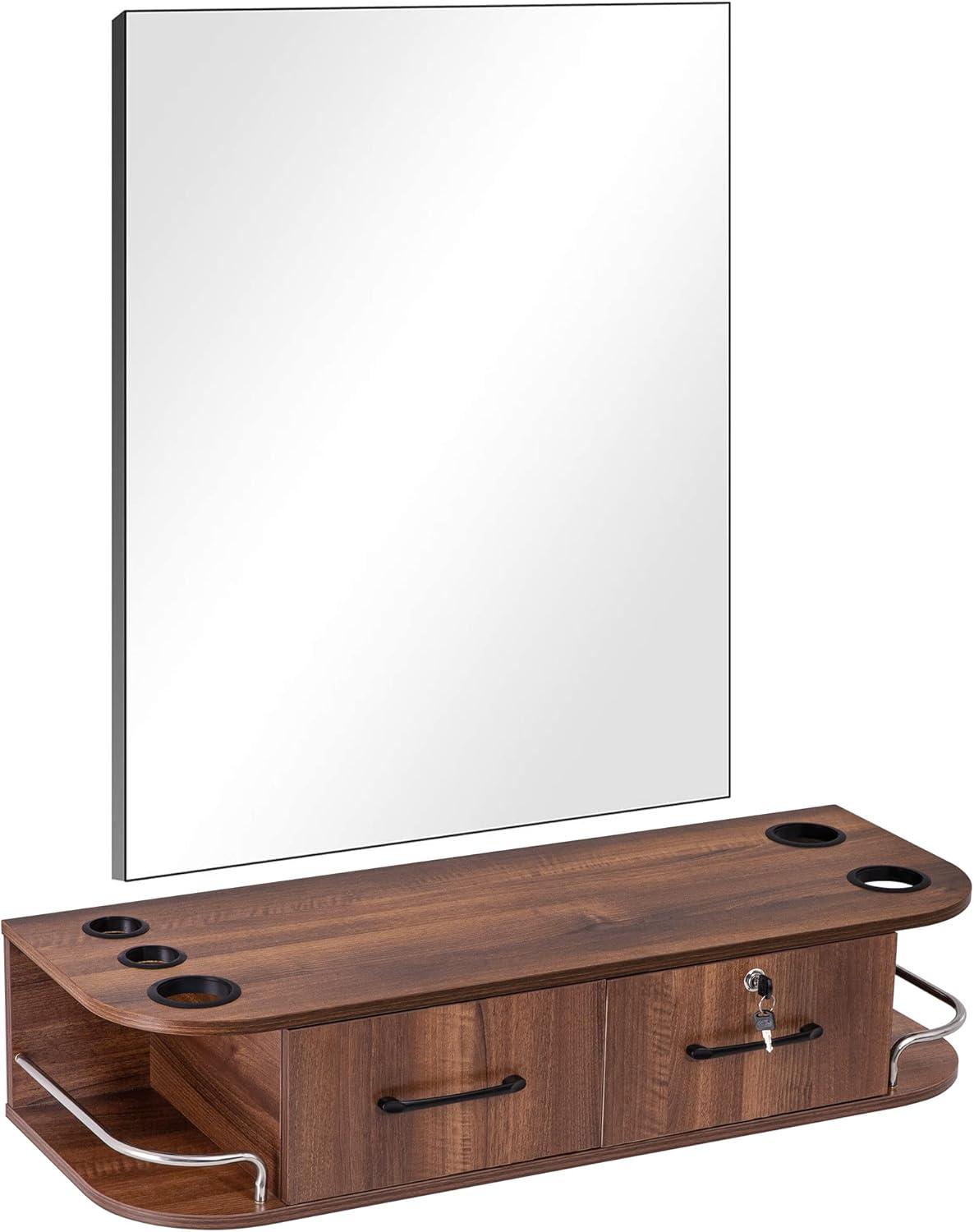 Brown Particle Board Wall-Mount Barber Station with Mirror