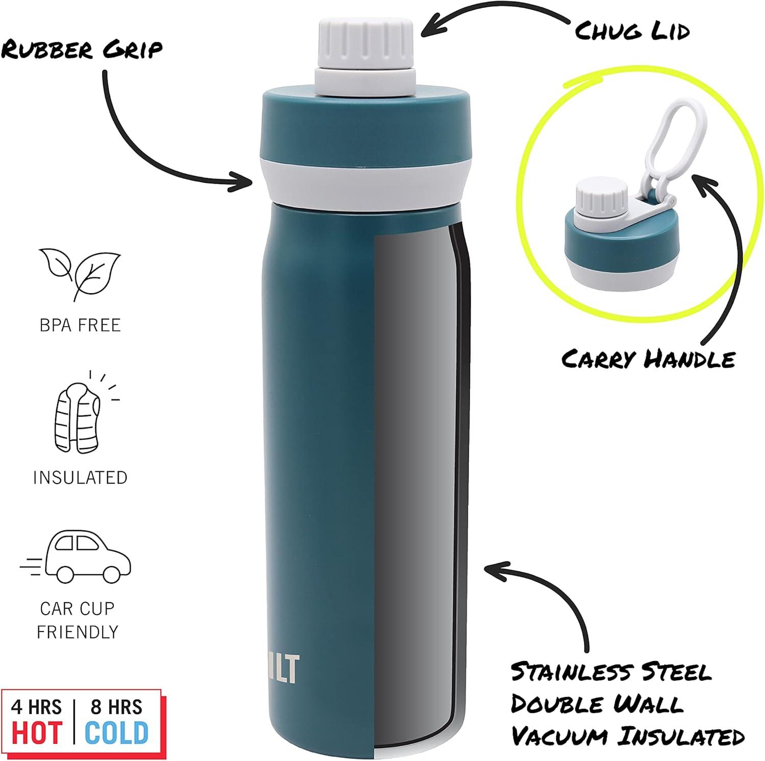 BUILT Cascade Double Wall Vacuum Insulated Stainless Steel Wide Mouth Water Bottle with Comfort Grip and Chug Lid and Carry Handle, 20 ounces