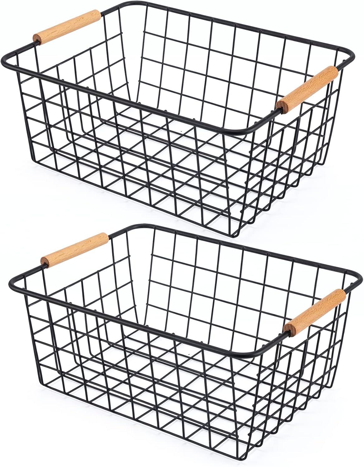 mDesign Metal Wire Organizer Basket, Bamboo Handles, 2 Pack, Matte Black/Natural