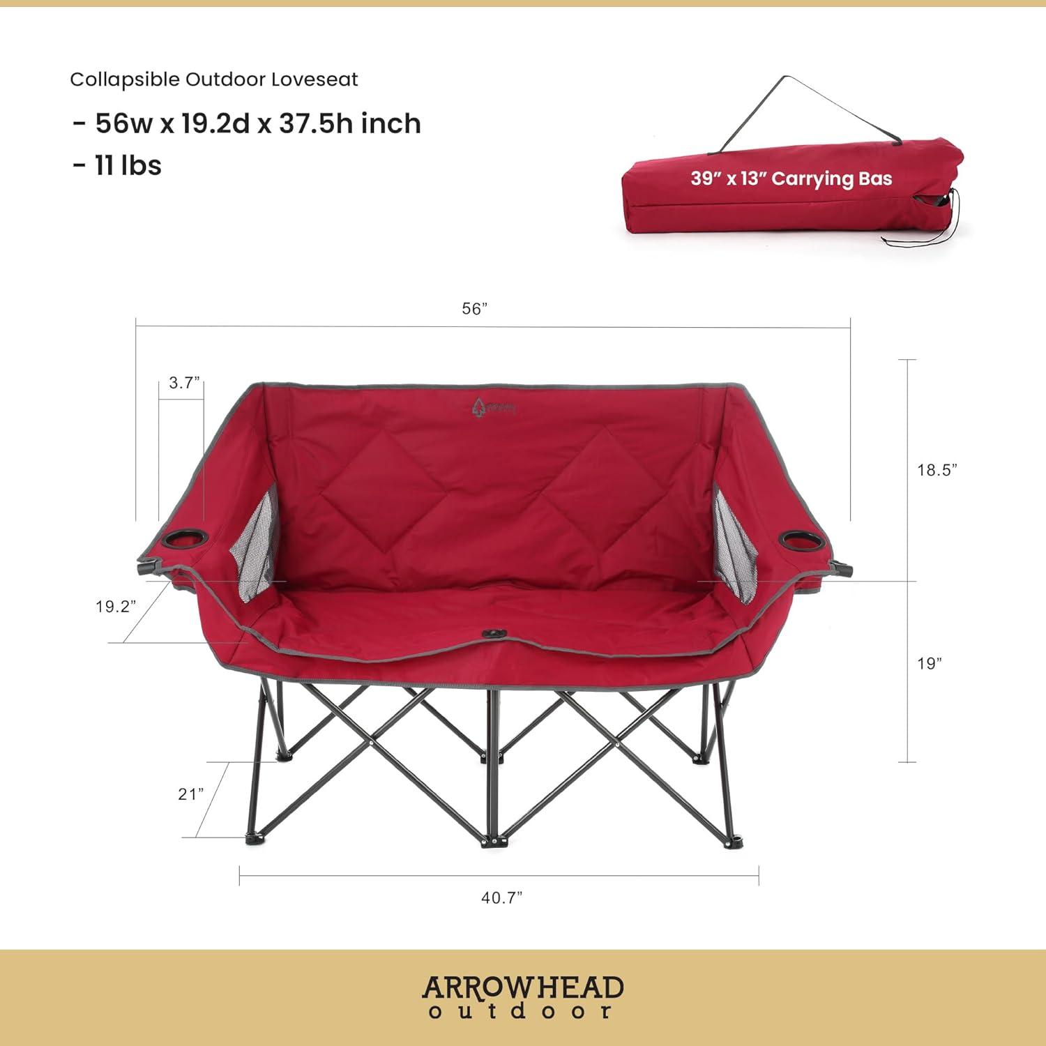 ARROWHEAD OUTDOOR Portable Folding Double Duo Camping Chair Loveseat w/ 2 Cup & Wine Glass Holder, Heavy-Duty Carrying Bag, Padded Seats & Armrests, Supports up to 500lbs, USA-Based Support (Red)