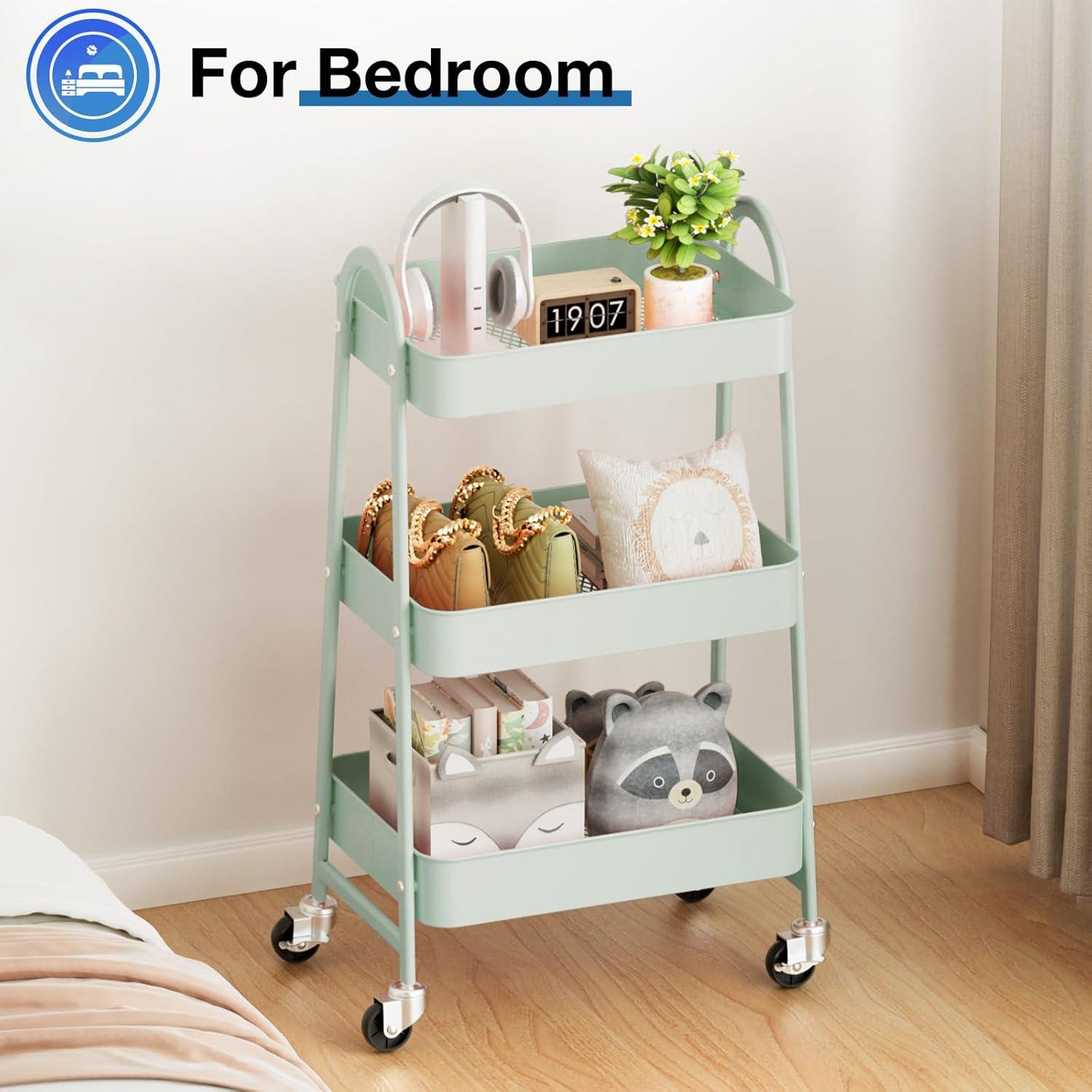 Green Metal 3-Tier Rolling Utility Cart with Lockable Wheels