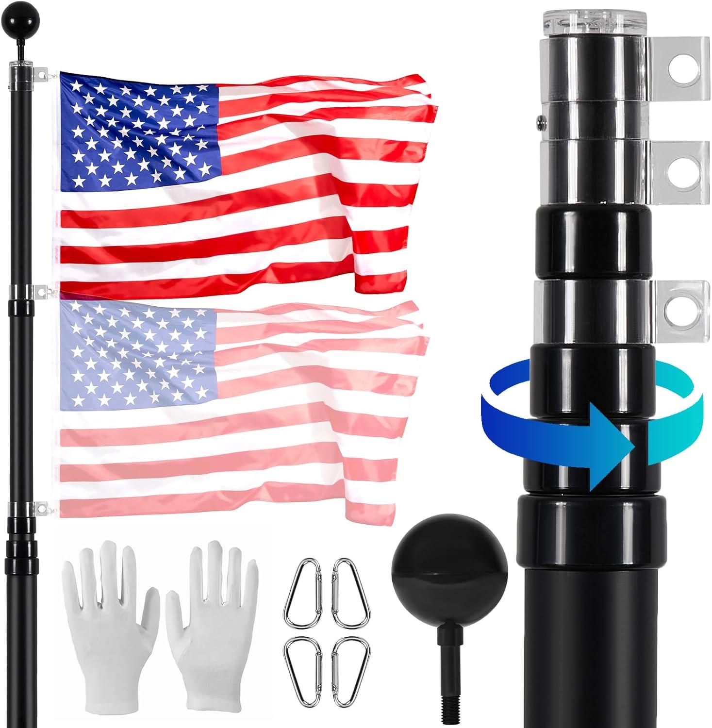 Heavy Duty Black Aluminum Telescoping Flagpole Kit with American Flag