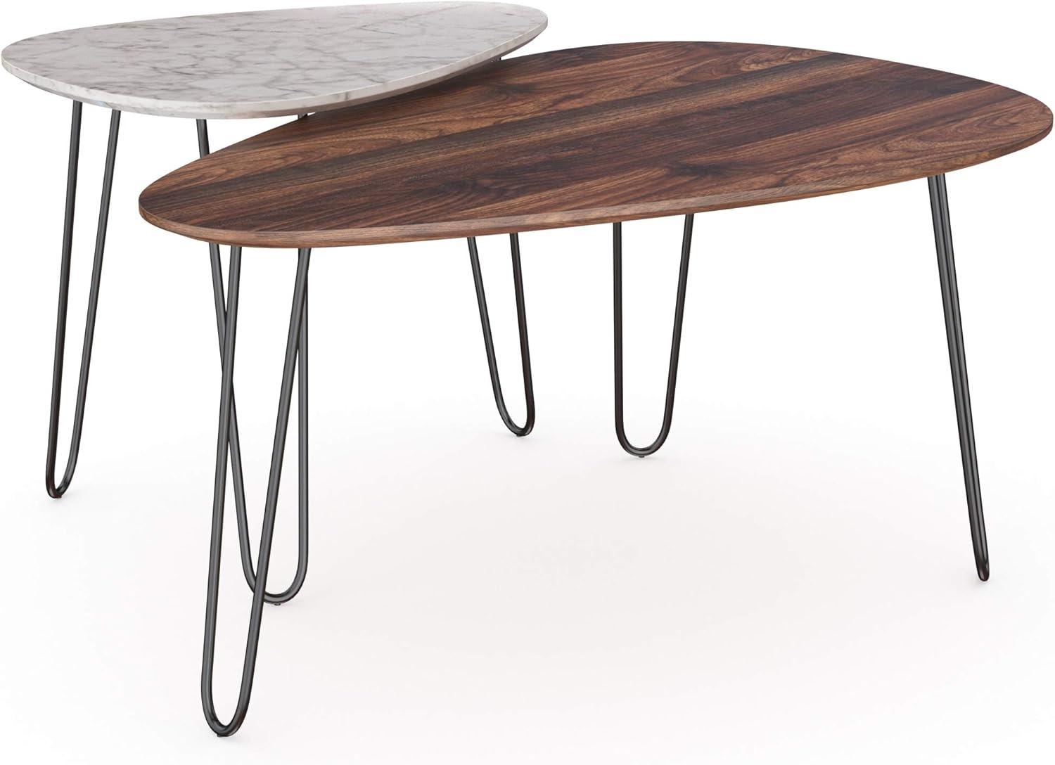 34" Bodhi Wood and Faux Marble Nesting Coffee Table Set Walnut/White Marble/Matte Black - Nathan James