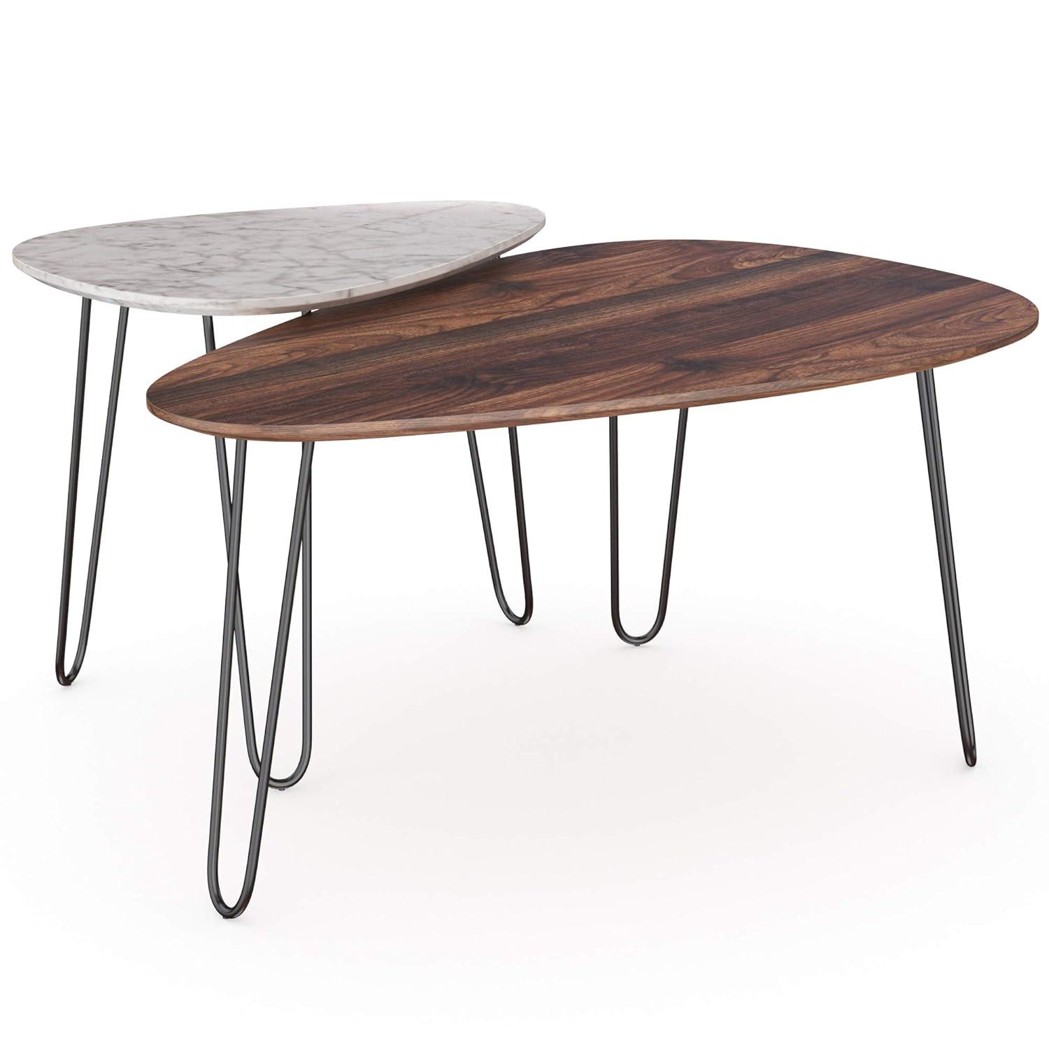 34" Bodhi Wood and Faux Marble Nesting Coffee Table Set Walnut/White Marble/Matte Black - Nathan James