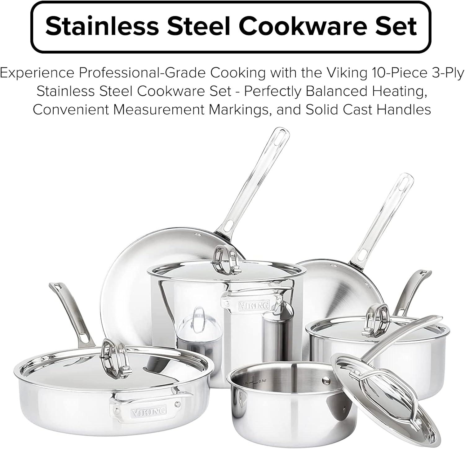 Viking 10-Piece 3-Ply Stainless Steel Cookware Set with Metal Lids