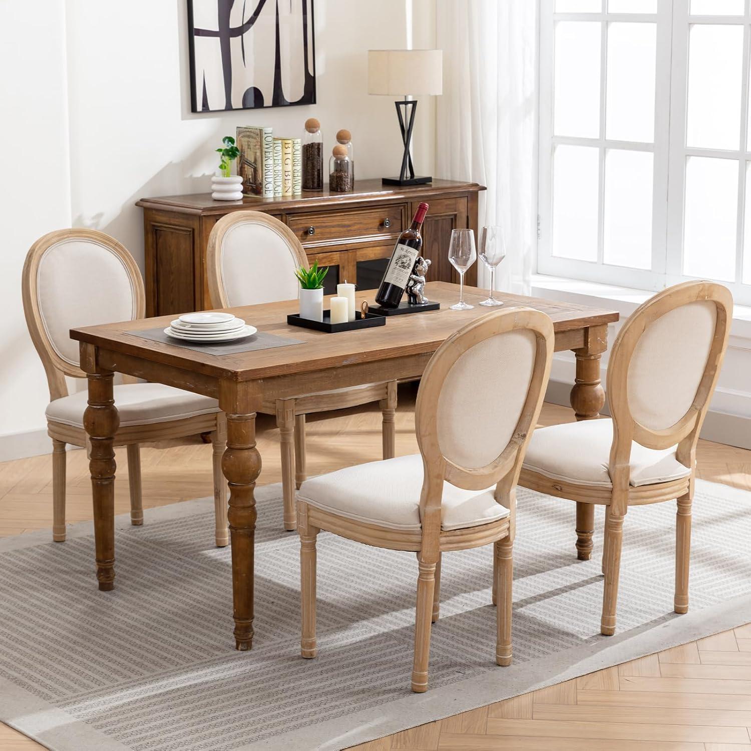 French Country Dining Chairs Set of 4, Cream Kitchen & Dining Room Chairs Set of 4, Ivory Linen Upholstered Dining Chairs, Wood Legs, Sillas De Comedor (Fabric, Beige, 4Pcs)