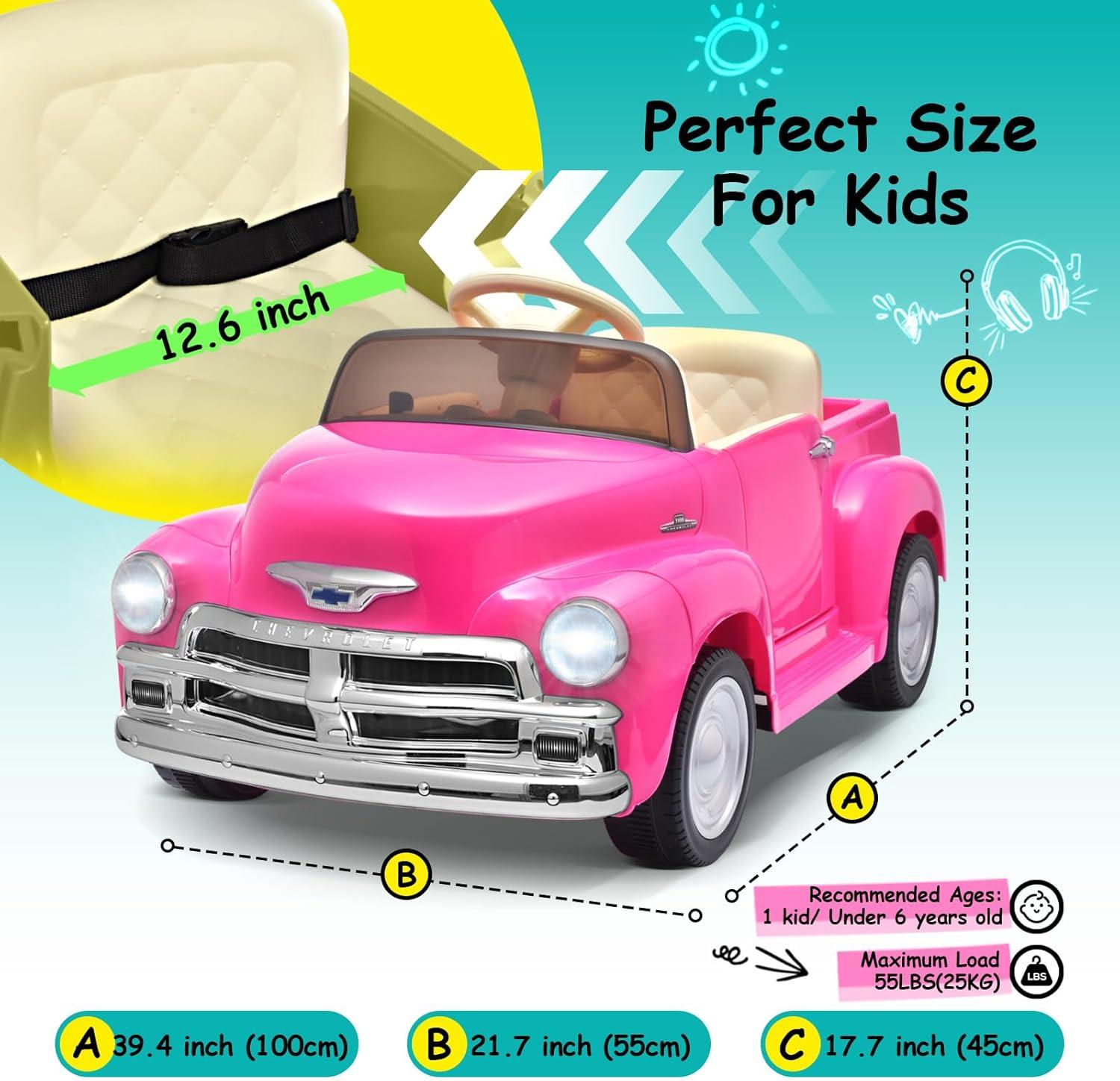 Joywhale 12V Kids Ride on Car Licensed Chevrolet 3100 Pickup Battery Powered Motorized Electric Car, with 7AH Big Battery, 2.4G Remote Control, 3-Speeds, Storage Space, Music, Retro Style, Black