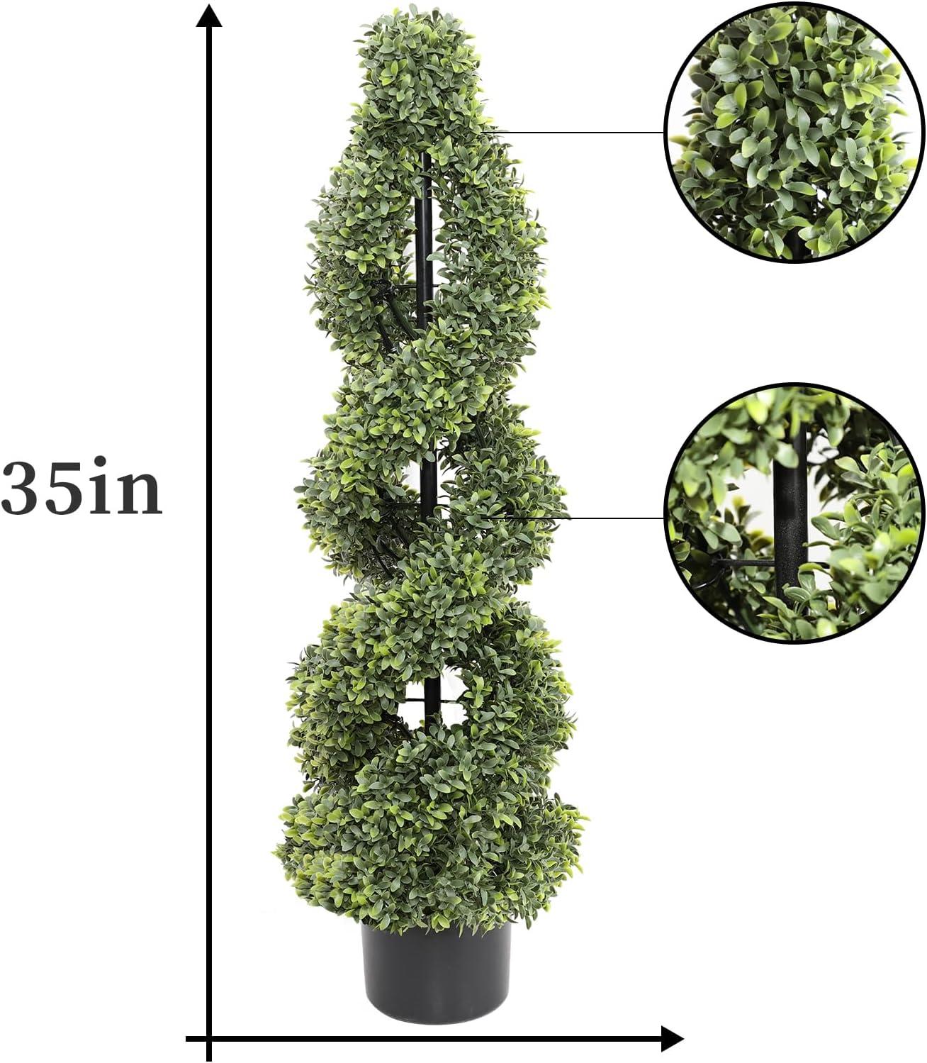 35 Inch Artificial Boxwood Topiary Outdoor Set of 2, Faux Plant Spiral Tree in Pot