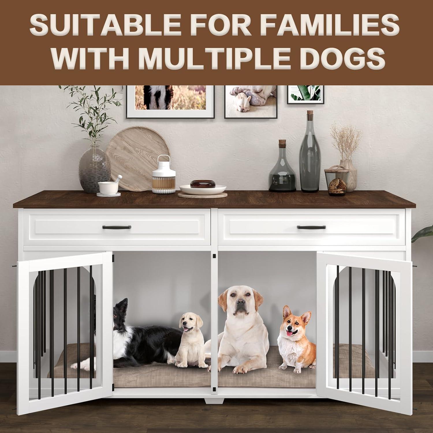 Tucker Murphy Pet™ 74.8" XXL Double Dog Kennel Furniture For Large Breed,Heavy Duty Wooden Dog Crate Cage Furniture Style With Storage Rack And Divider For 2 Dogs Indoor,White & Reviews | Wayfair