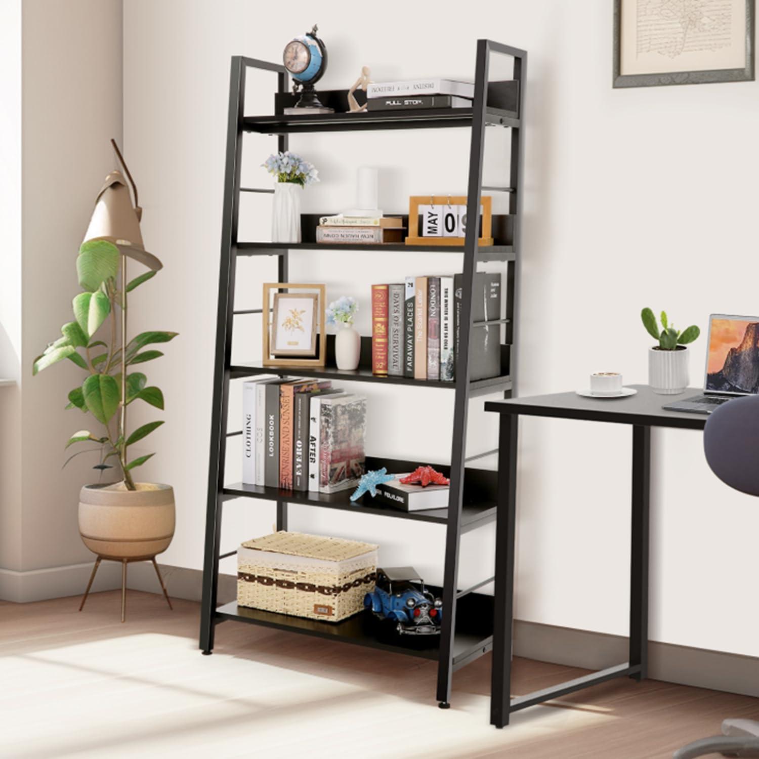 Black 5-Tier Adjustable Ladder Bookshelf with Engineered Wood Shelves