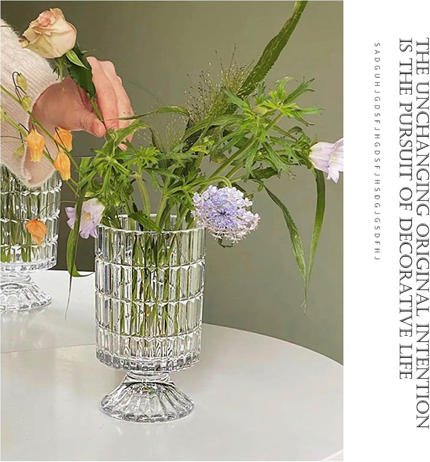 7 Inch Modern Glass Vase with Embossed Ribbed Base - Clear Hydroponic Design for Home Decor, Weddings Party Living Room, Dining Table Floral Arrangement Centerpiece