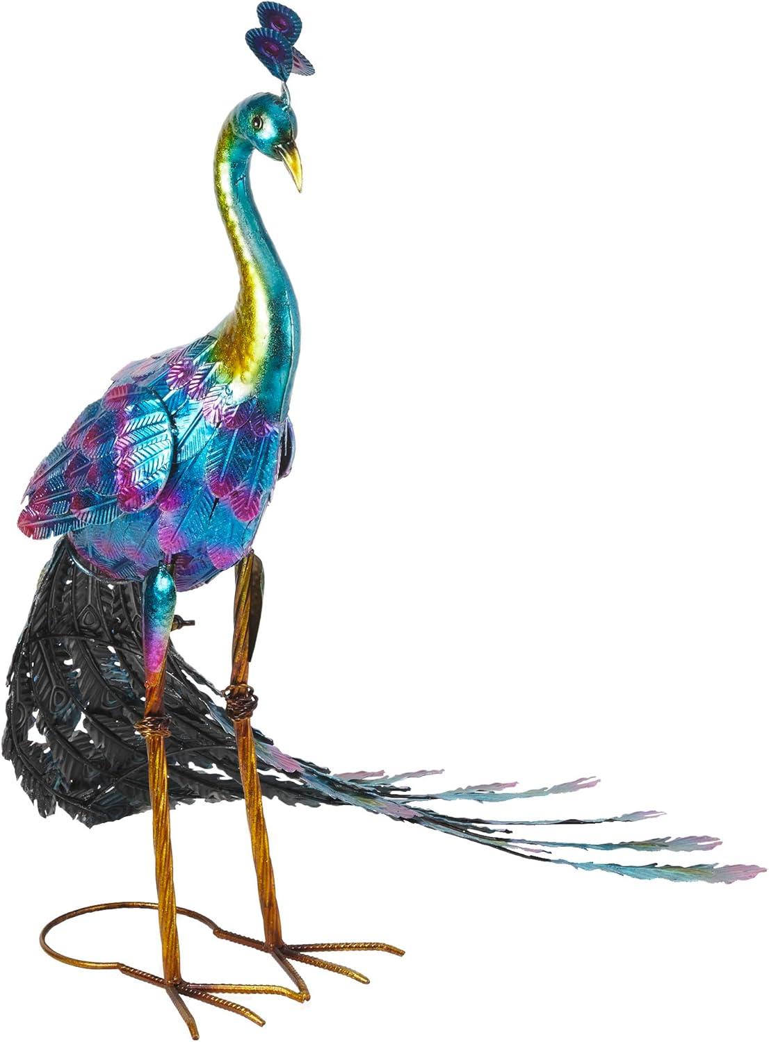 28" Metal Peacock Outdoor Decor With Glossy Finish Statue - Alpine Corporation: Garden Art, No Battery Required