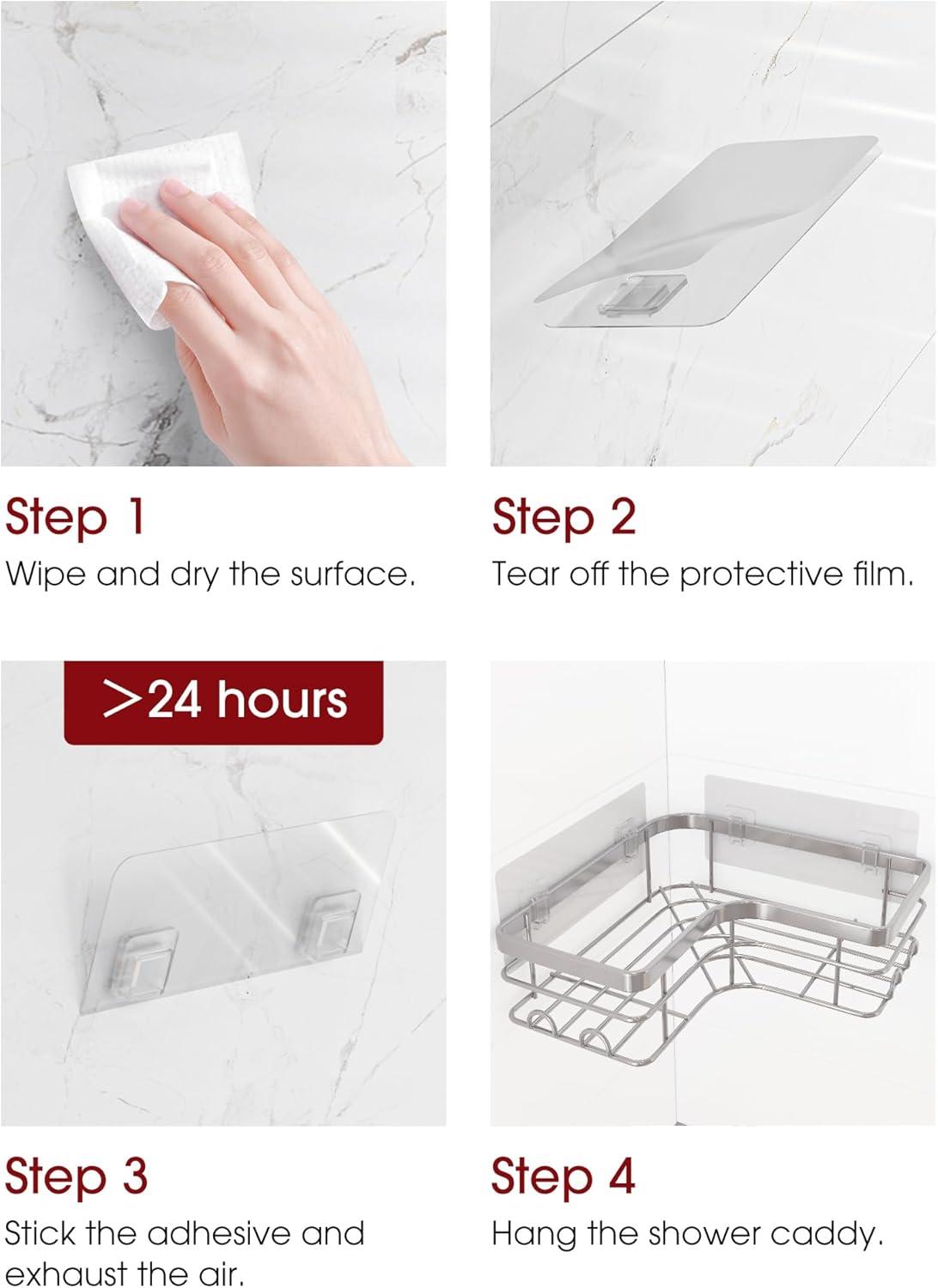 Corner Shower Caddy - 2 Pack, Adhesive Shower Organizers, Rustproof Stainless Steel Shower Shelves with 8 Hooks, No Drilling Bathroom Organizers and Storage Racks, Space-Saving, Silver, Medium