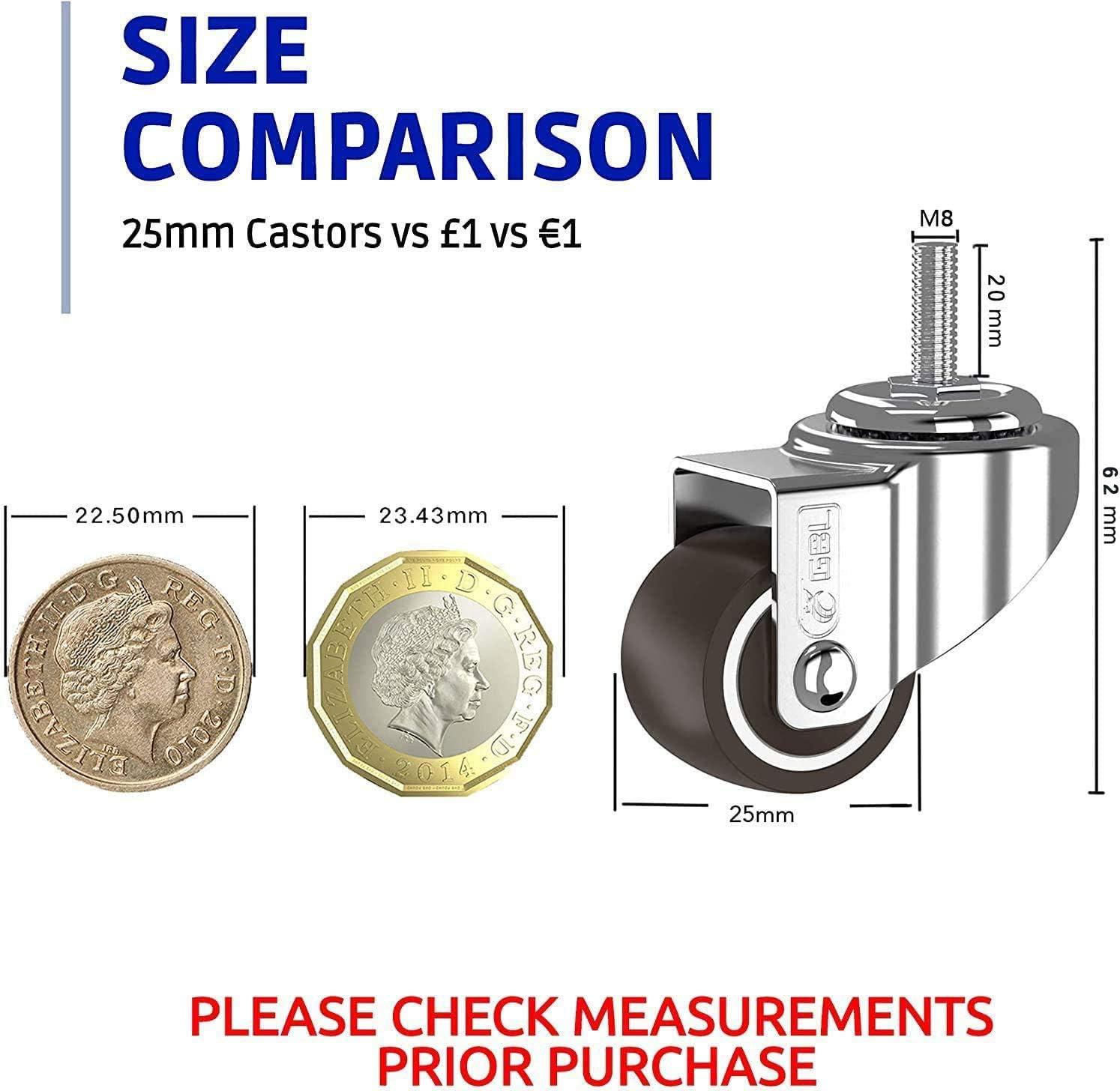 GBL 1" inch Small Caster Wheels with 2 Brakes + M8x20mm Screws - 90Lbs - Low Profile Castor Wheels with Brakes - Set of 4 No Floor Marks Silent Casters - Mini Wheels for Cart