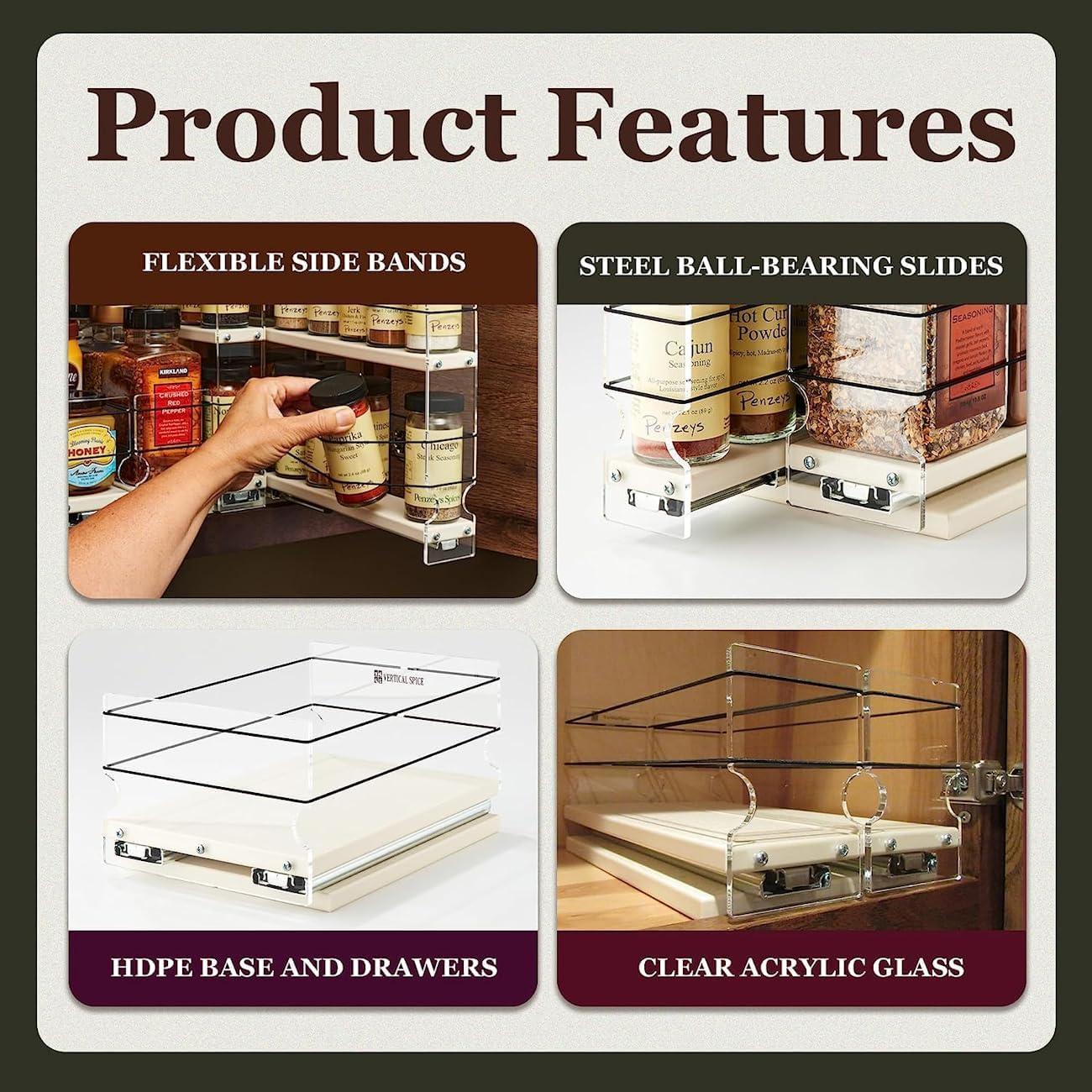 Large Container 3.25" Wide Drawer 2 Tier Spice Rack with Flex-Sides Best Fit in 12" High Space