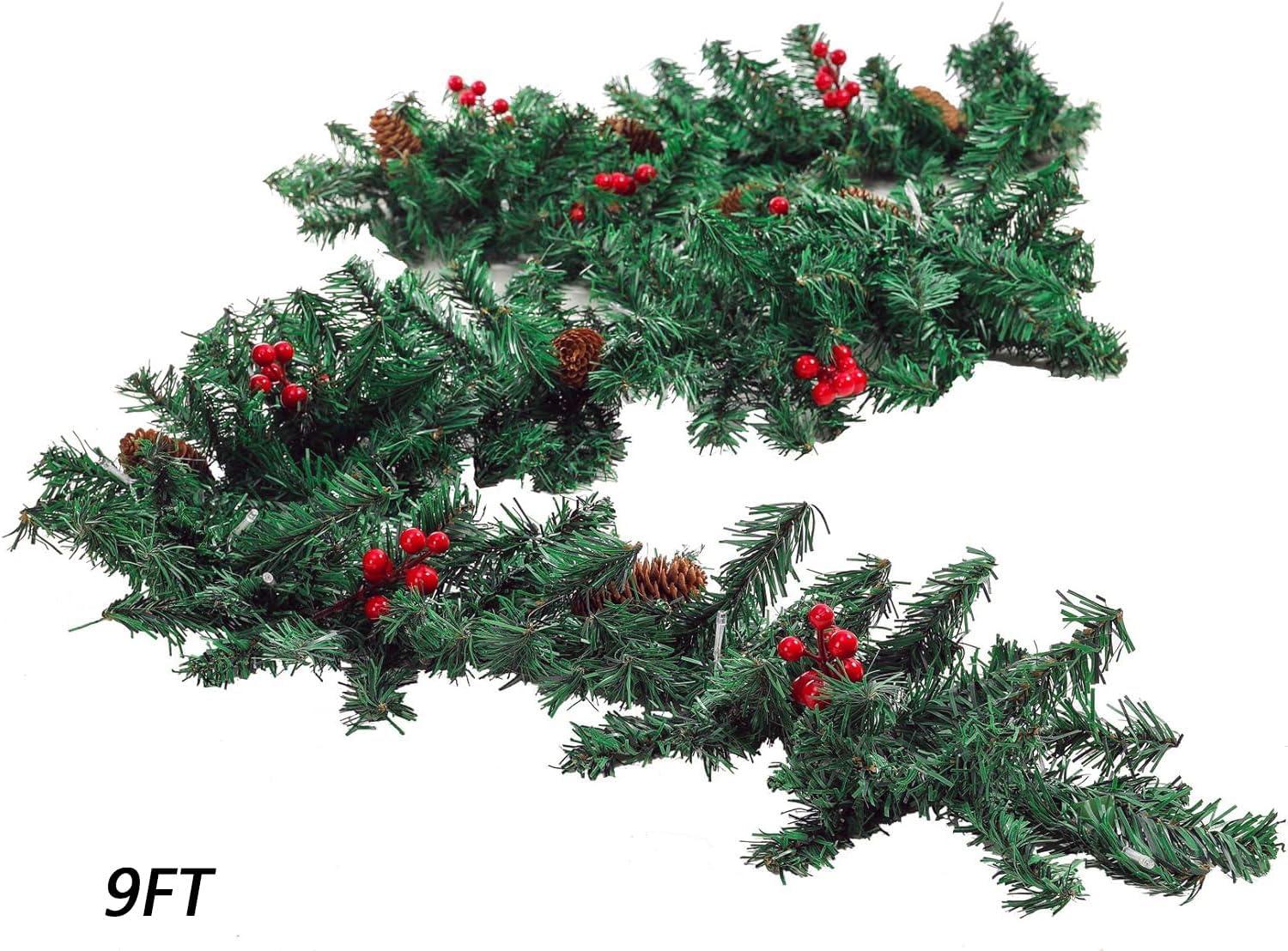 9 ft Pre-Lit Green Christmas Garland with Red Berries and Pine Cones