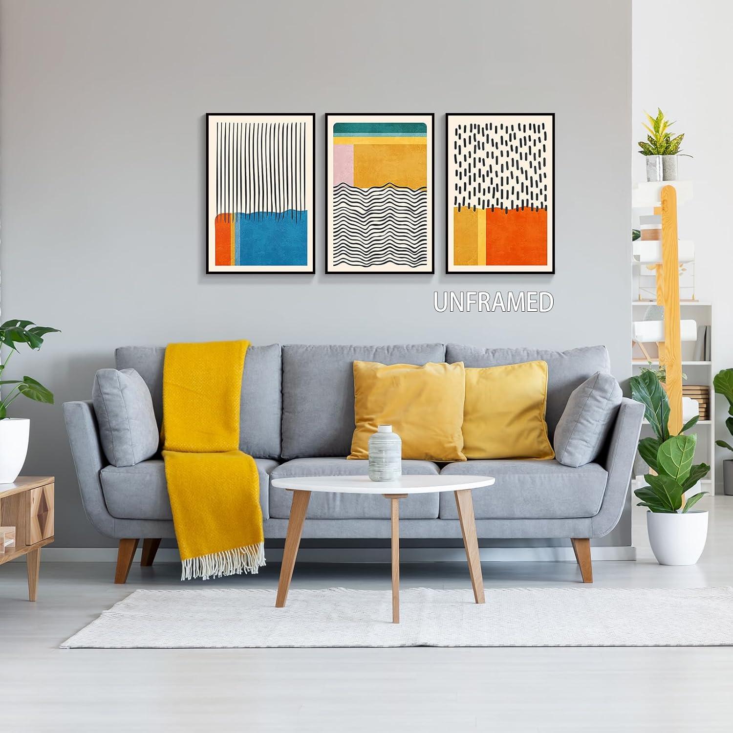 Midcentury Modern Framed Wall Art for Living Room Set of 3 Mid Century Modern Abstract Canvas Painting Print Boho Color Blocks Home Decor Colorful Minimalist Pictures for Bedroom 12"x16"x3