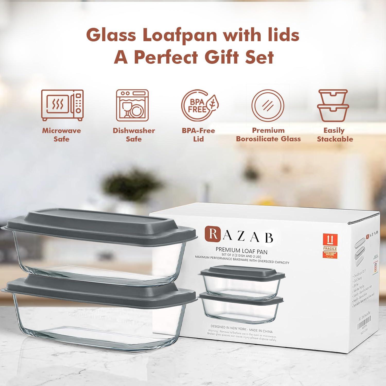 Razab 1800ml Large Glass Loaf Pans with Lids (Set of 2) 10 x 5in Bread Baking Pans, Bpa Free with Easy-Grip Handles