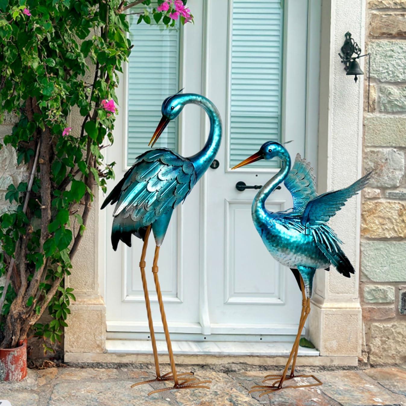 Chisheen Crane Garden Statues, Metal Garden Crane Outdoor, Blue Heron Sculpture Metal Yard Art, Large Garden Heron Decoy, Bird Statues, Lawn Ornaments for Backyard Pond Patio Porch Outside