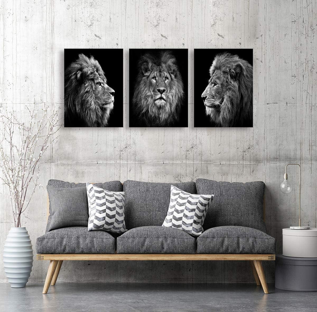 Wall Art Black and White Lion Head Portrait Wall Art Painting Pictures Print 3 Pieces Canvas Animal for Bedroom Living Room Office Wall Decor Home Decoration Framed Ready to Hang