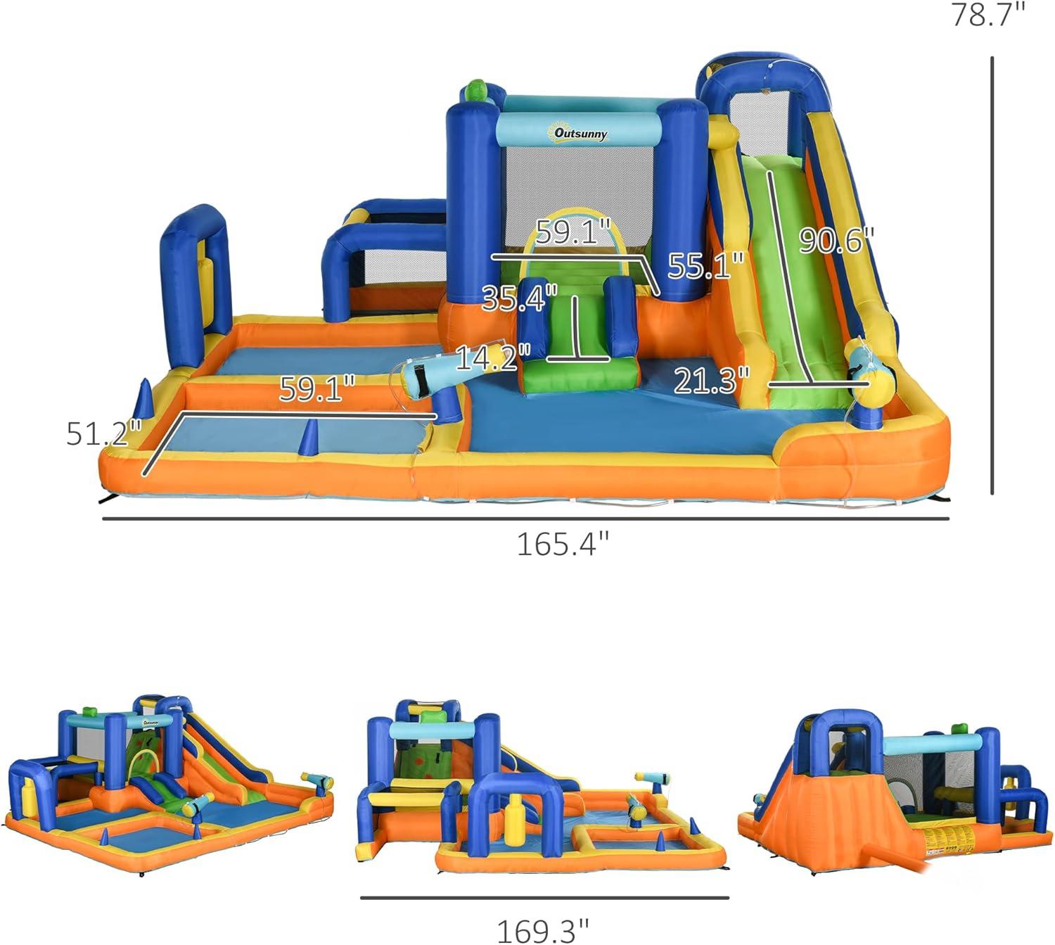 Outsunny 7 in 1 Water Slide with Slide, Pool, Climbing Wall, Water Cannon, Basketball Hoop, Boxing Post, Football Stand for 3-8 Years Old Kids