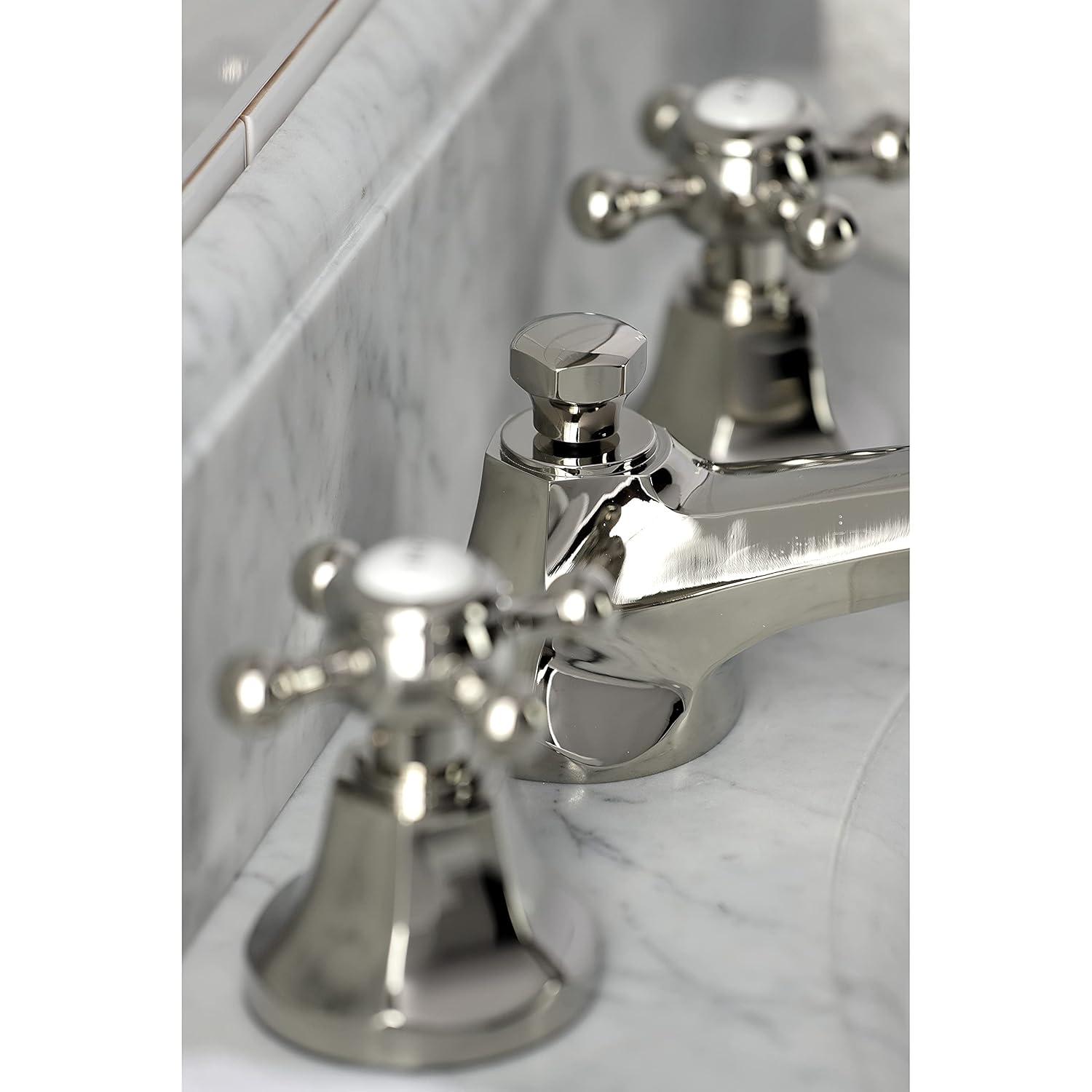 Kingston Brass Metropolitan Two-Handle 3-Hole Deck Mount Widespread Bathroom Faucet with Brass Pop-Up Drain
