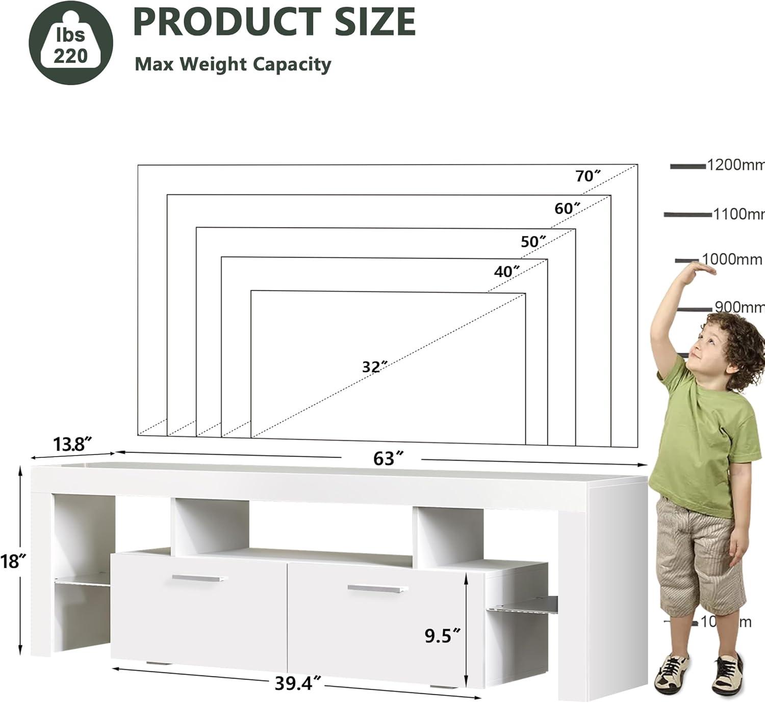 Clikuutory Modern LED 63 inch Long TV Stand with Large Storage Drawer for 50 55 60 65 70 75 Inch TVs, White Wood TV Console with High Glossy Entertainment Center for Living Room, Bedroom, White