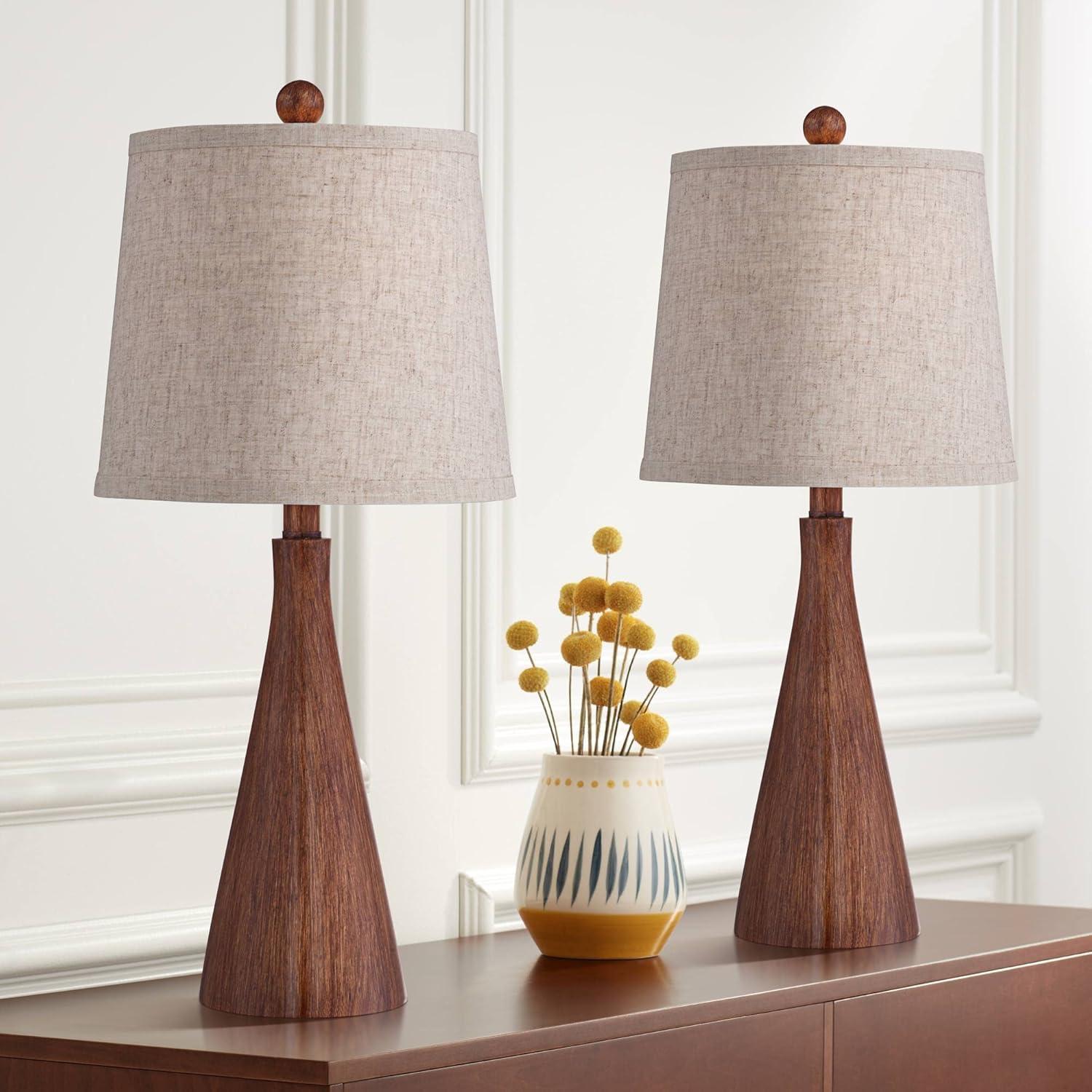 360 Lighting Fraiser 23 1/2" High Cone Small Mid Century Modern Accent Table Lamps Set of 2 Brown Wood Finish Living Room Bedroom Oatmeal Shade