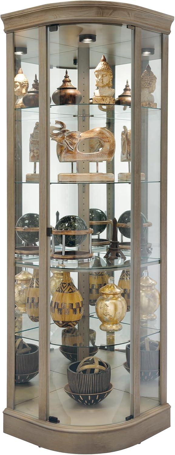 Aged Gray Lighted Corner Curio Cabinet with Glass Shelves