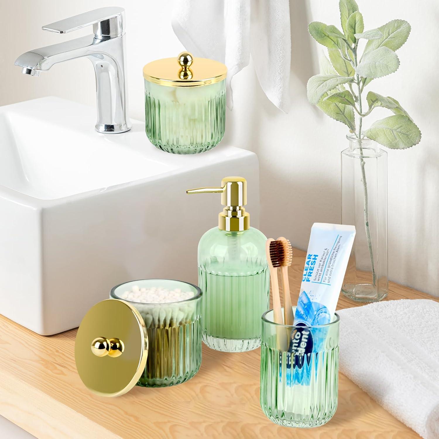 Green Glass Bathroom Accessories Set with Gold Accents, 4 Pieces