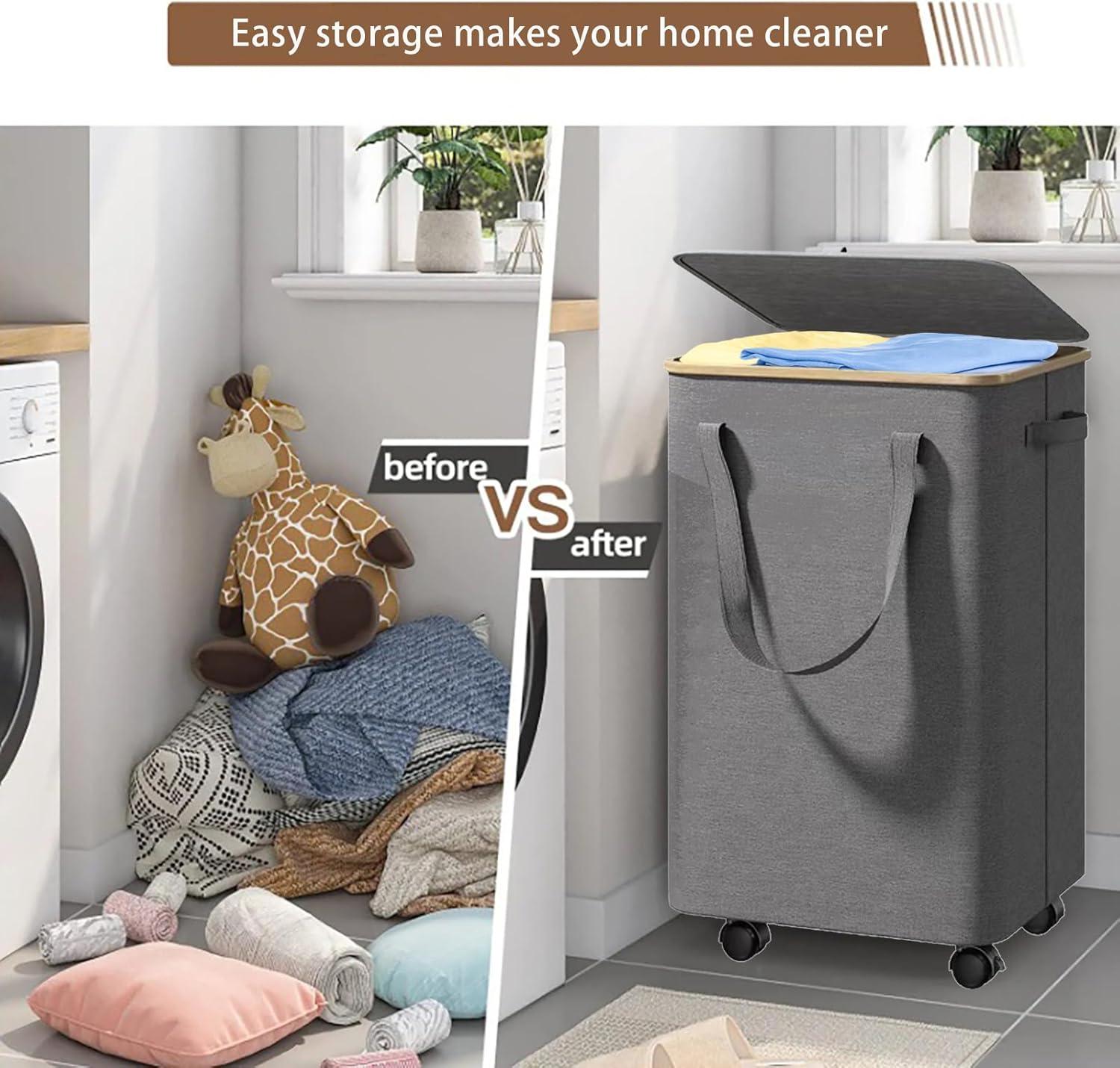 Efluky Laundry Basket with Lid and Removable Bag, 100L Tall Laundry Hamper with Bamboo Handles, Aesthetic Dirty Clothes Bin for Laundry Room, Bathroom, Bedroom and Dorm,Grey