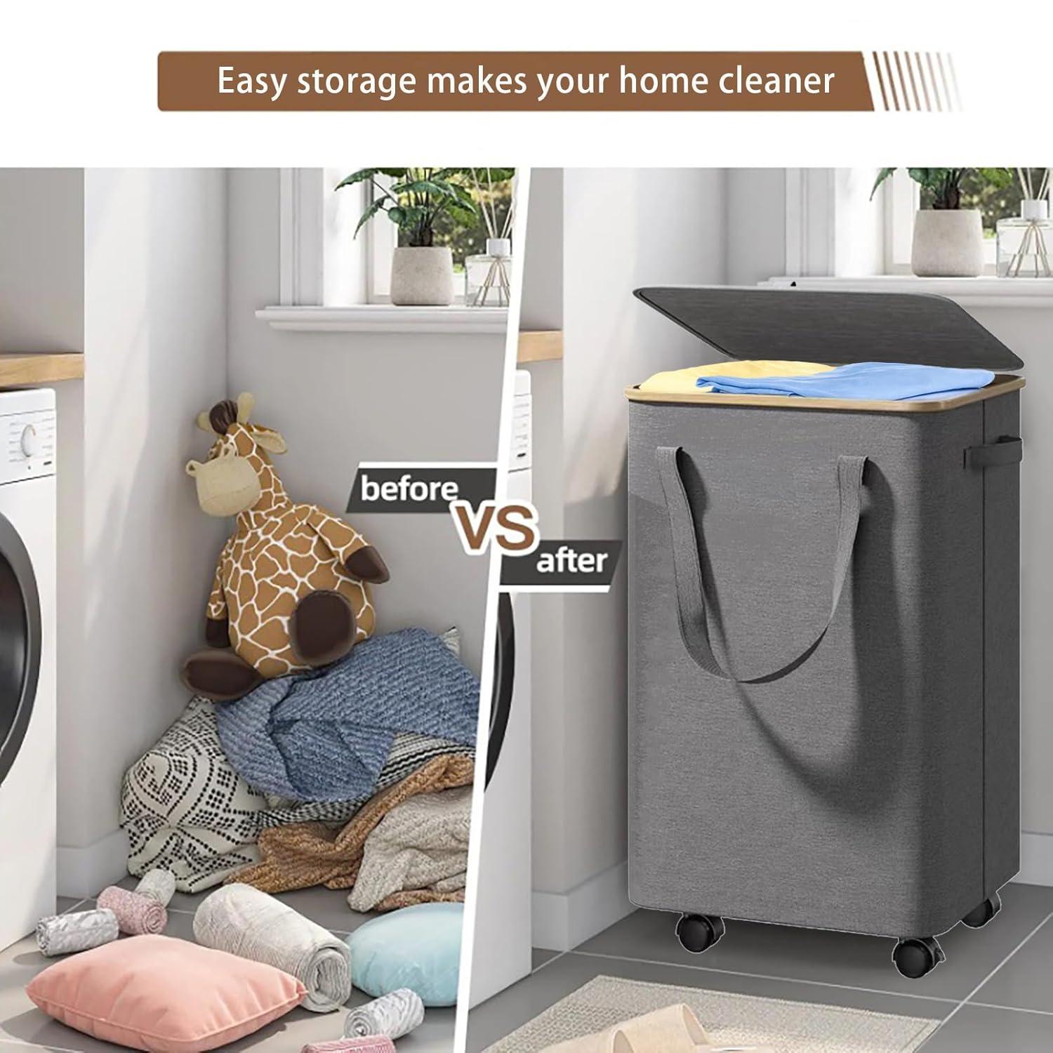 Efluky Laundry Basket with Lid and Removable Bag, 100L Tall Laundry Hamper with Bamboo Handles, Aesthetic Dirty Clothes Bin for Laundry Room, Bathroom, Bedroom and Dorm,Grey