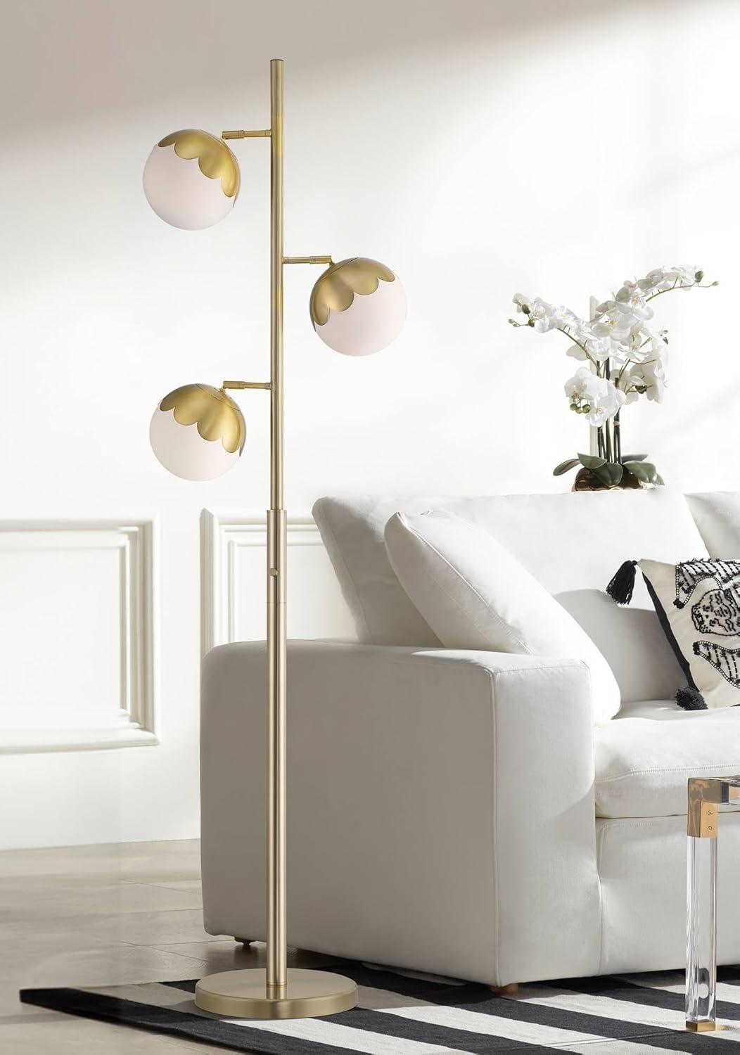 67" Gold Metal Floor Lamp with White Glass Shades