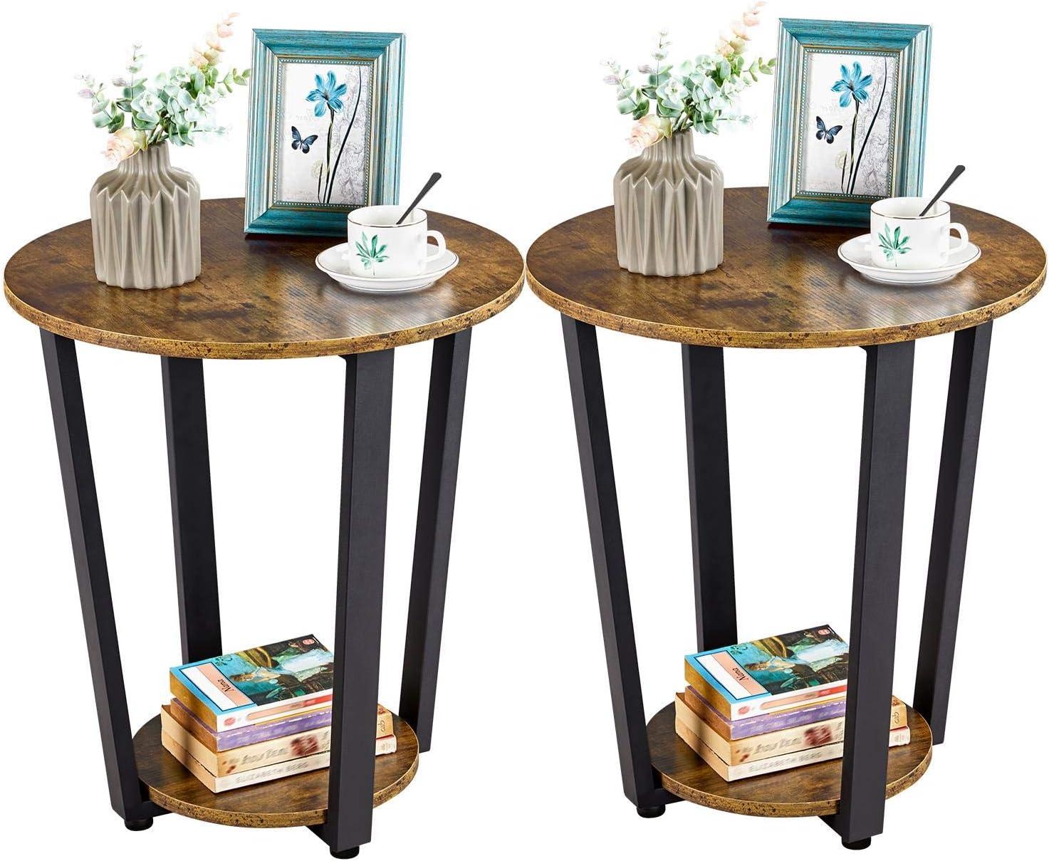 Alden Design Metal Side Table Industrial Round End Table with Storage for Livingroom, Set of 2, Brown