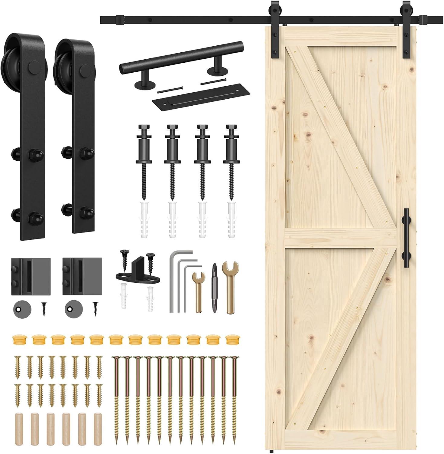 30" x 84" Natural Spruce Sliding Barn Door with Black Hardware Kit