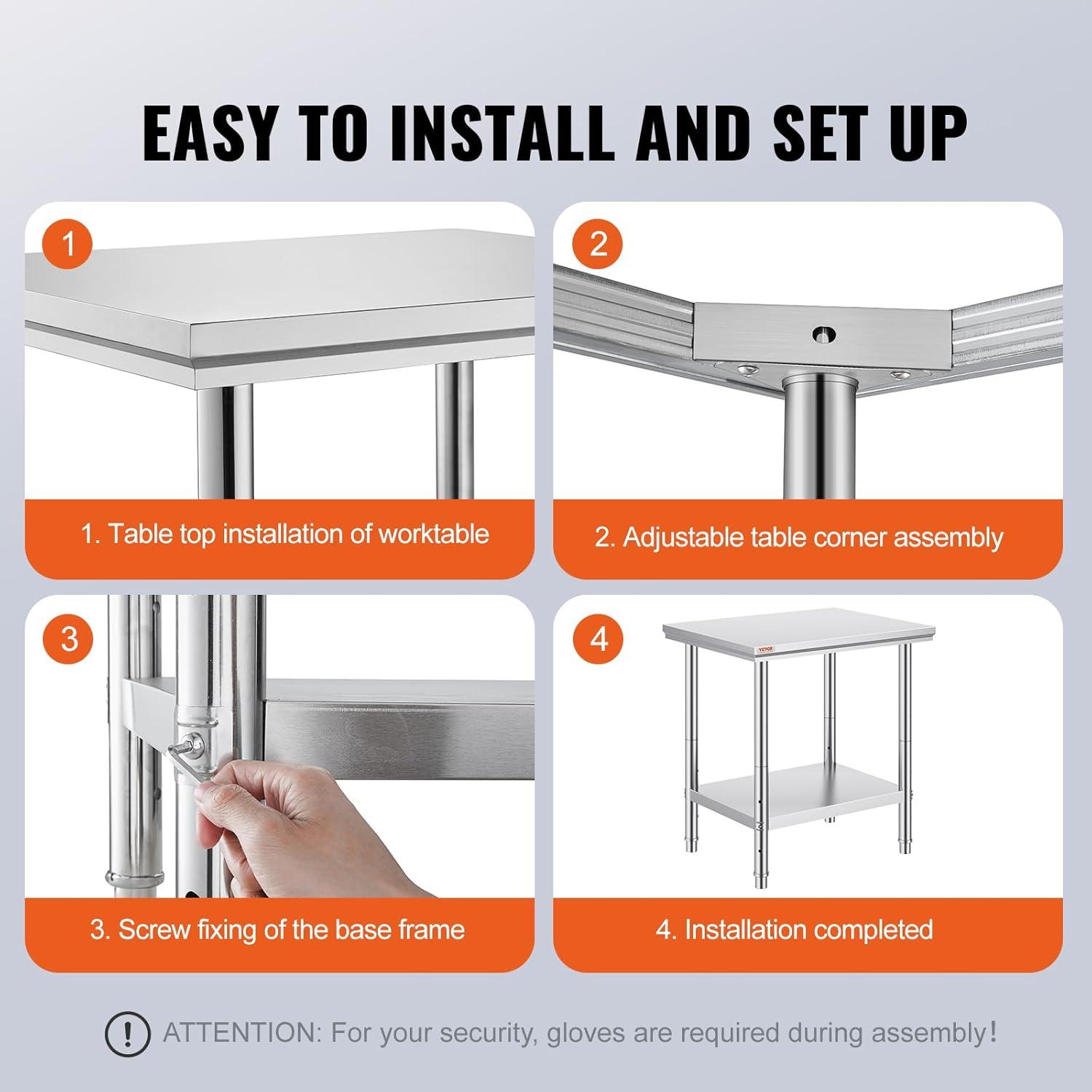 Heavy Duty Stainless Steel Kitchen Prep Table with Adjustable Shelf