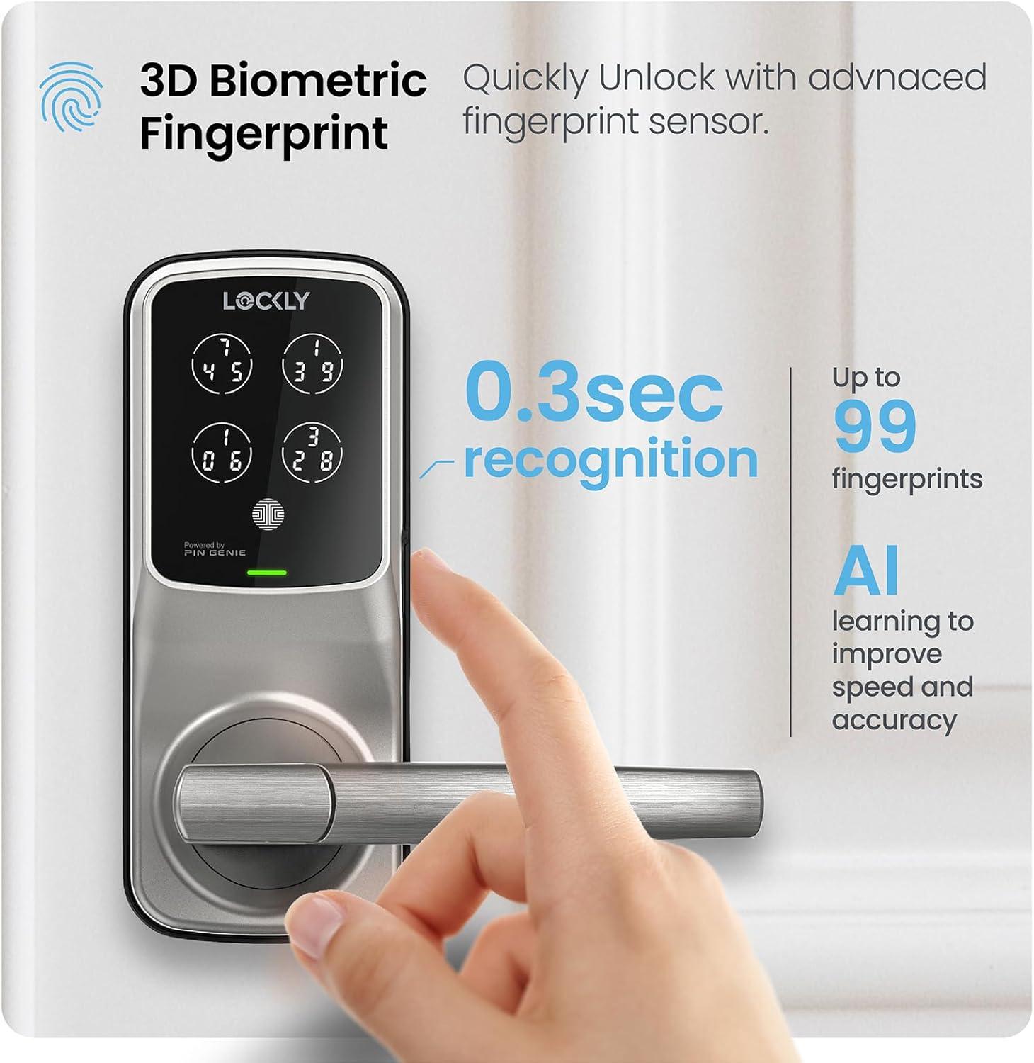 Lockly Secure Plus Bluetooth Smart Door Lock, Keyless Entry with PIN Genie® Digital Keypad, 3D Biometric Fingerprint Sensor Front Door Lock with Handle, Voice Control & Auto Lock - Latch Edition