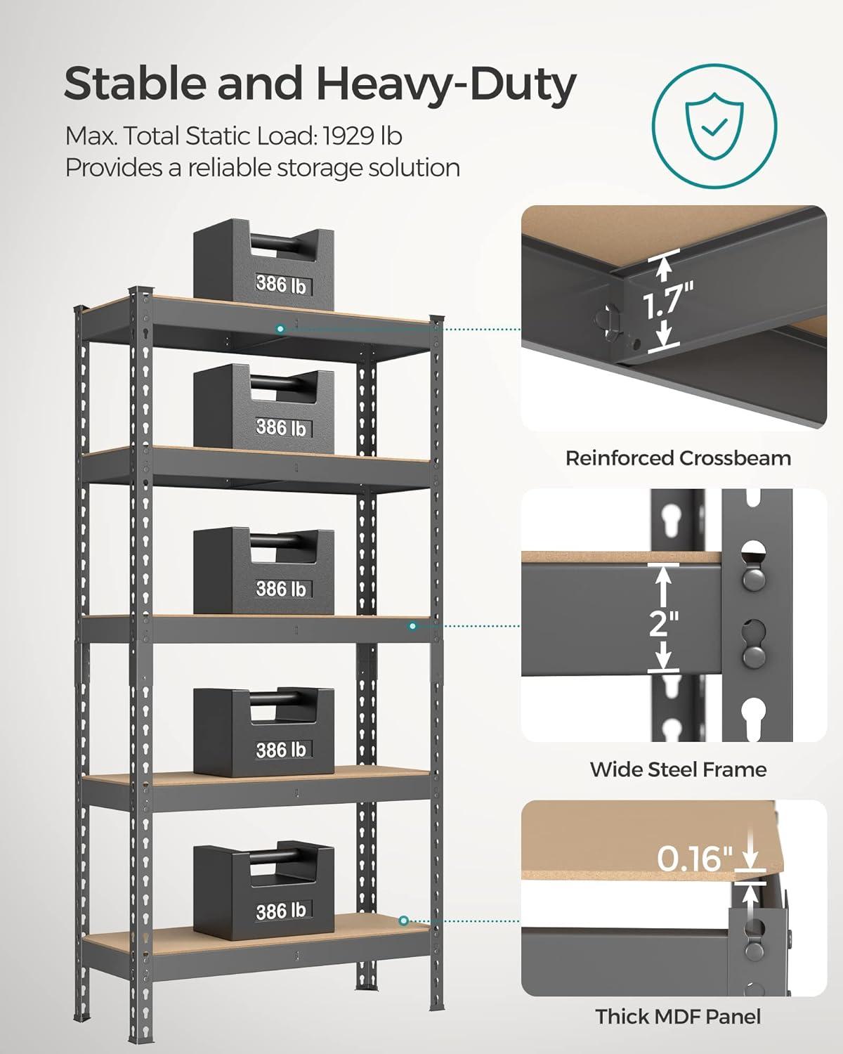 SONGMICS 5-Tier Storage Shelves Metal Garage Storage Boltless Assembly Adjustable Shelving Unit 11.8 x 29.5 x 59.1 Inches Load 1929 lb for Shed Warehouse Basement Kitchen Gray