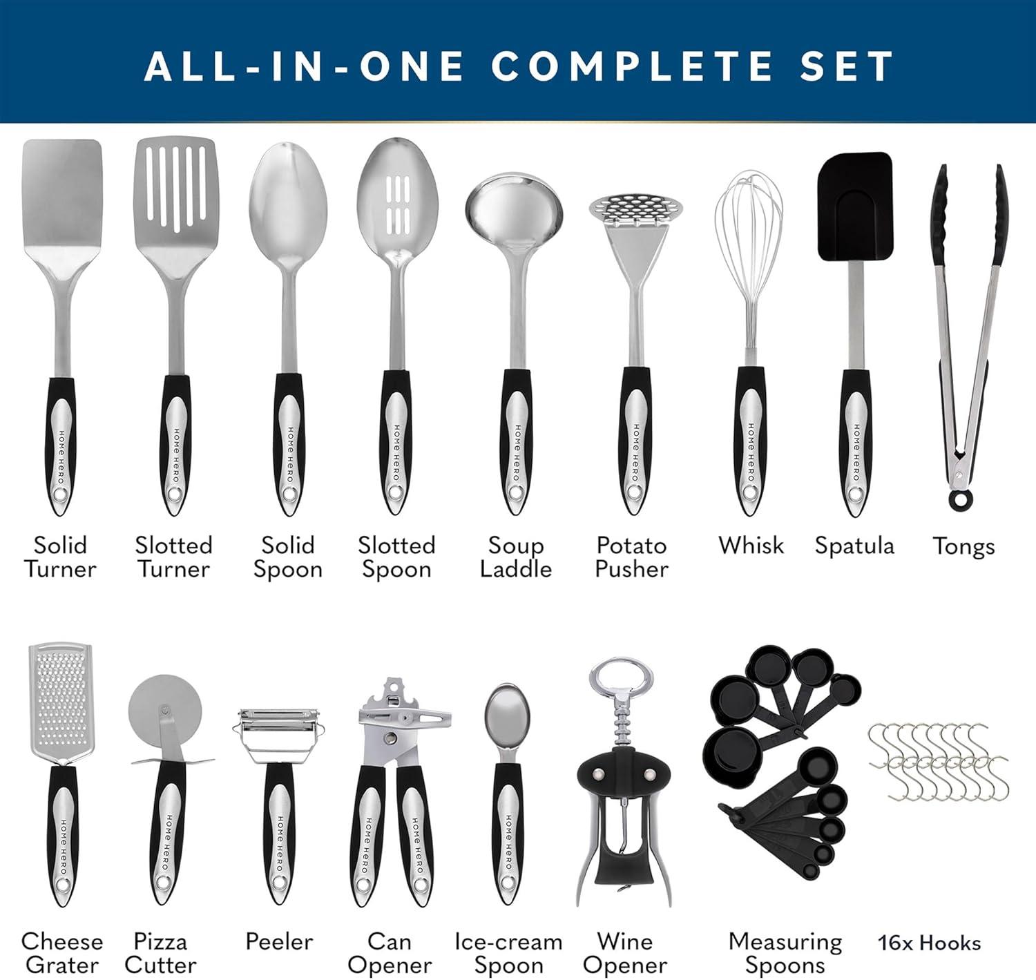 Home Hero - Kitchen Utensils - Stainless Steel Cooking Utensils Set - Nonstick Cookware Set - Dishwasher safe - 25 Pcs, Silver